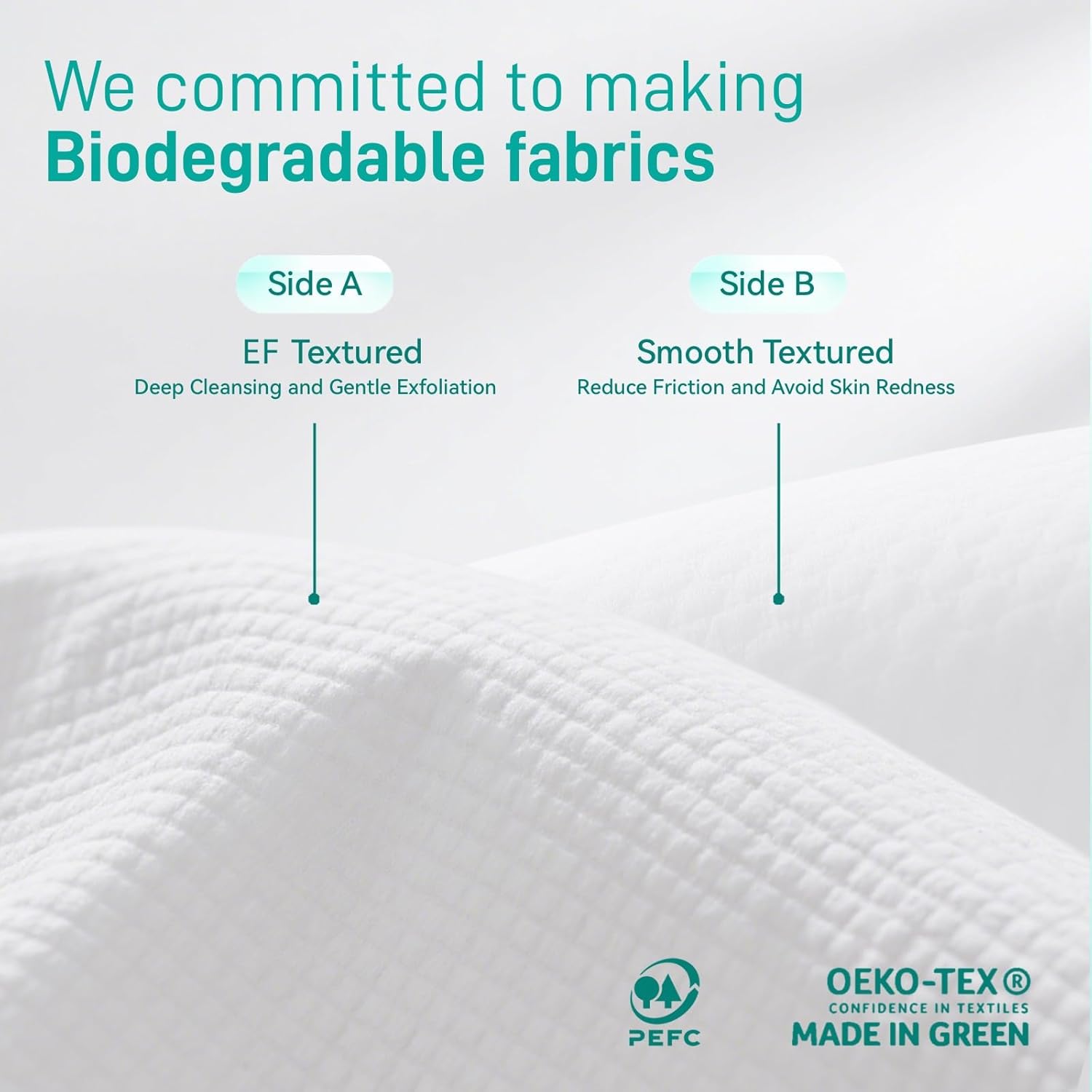 Highlights the product's commitment to sustainability and its dual-sided design for different skin care needs. Reassures customers about the product's safety and environmental certifications.