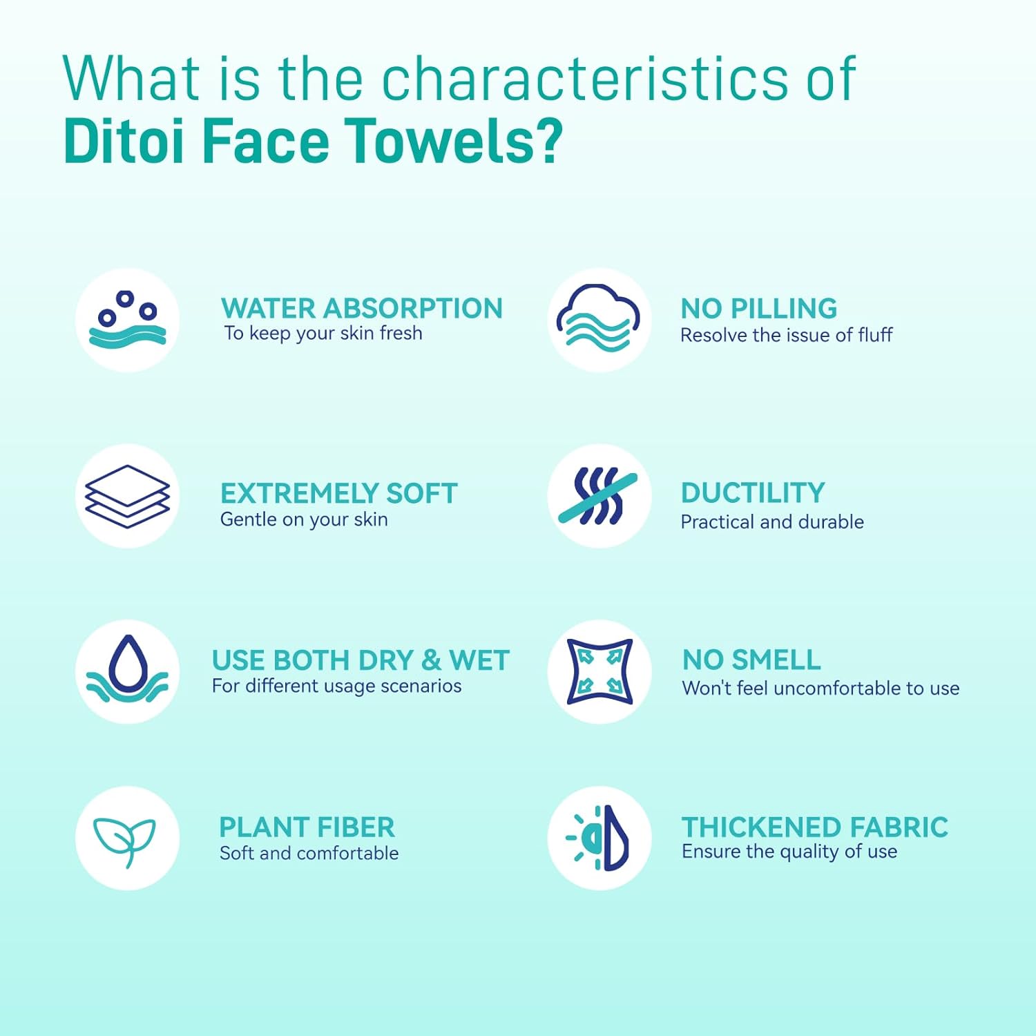 Highlights multiple key features and benefits of Ditoi Face Towels to demonstrate their quality and versatility for skincare use.