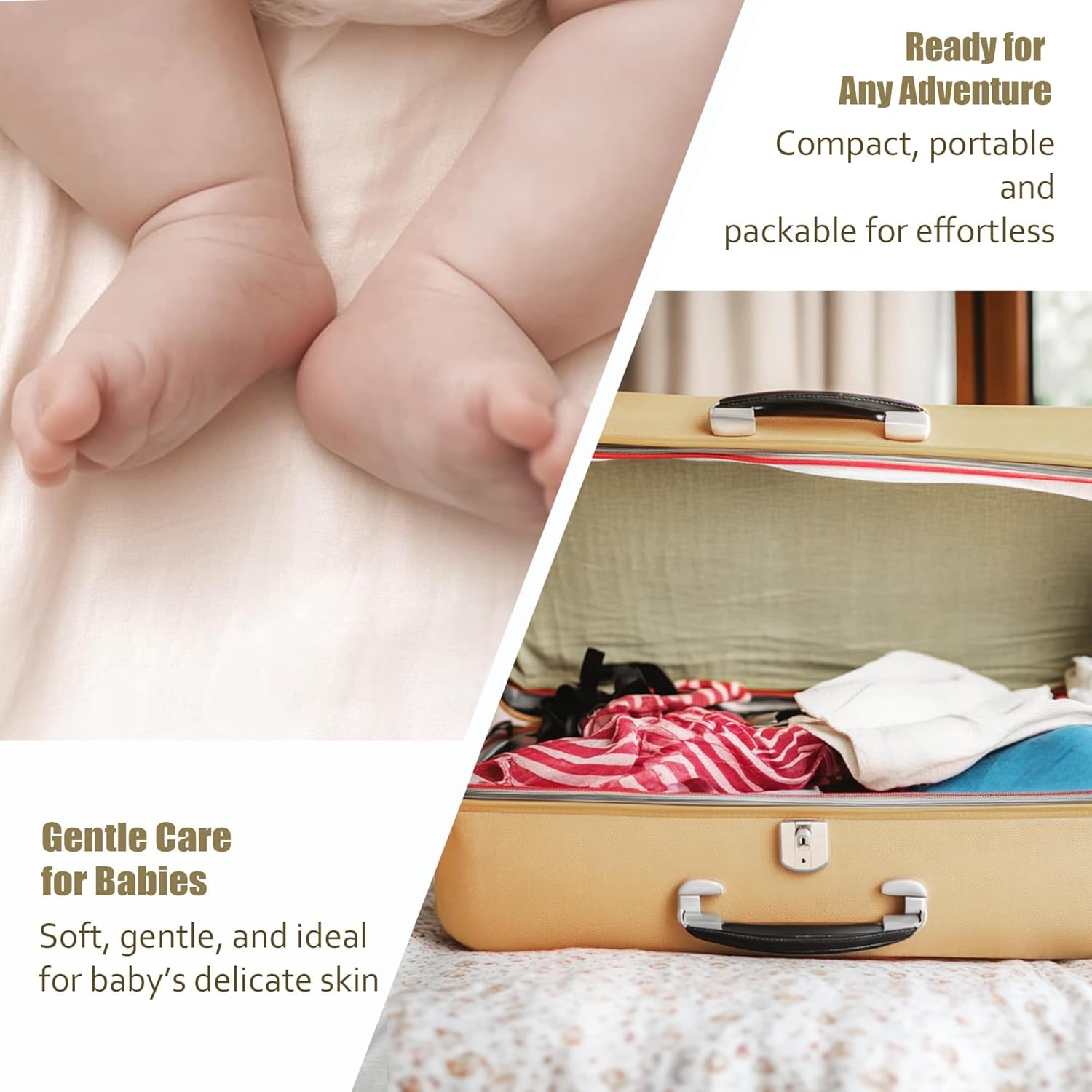 Demonstrates the product's versatility for both gentle baby care and convenient travel use. Highlights the product's dual benefits of being gentle for baby care and compact for travel, appealing to…