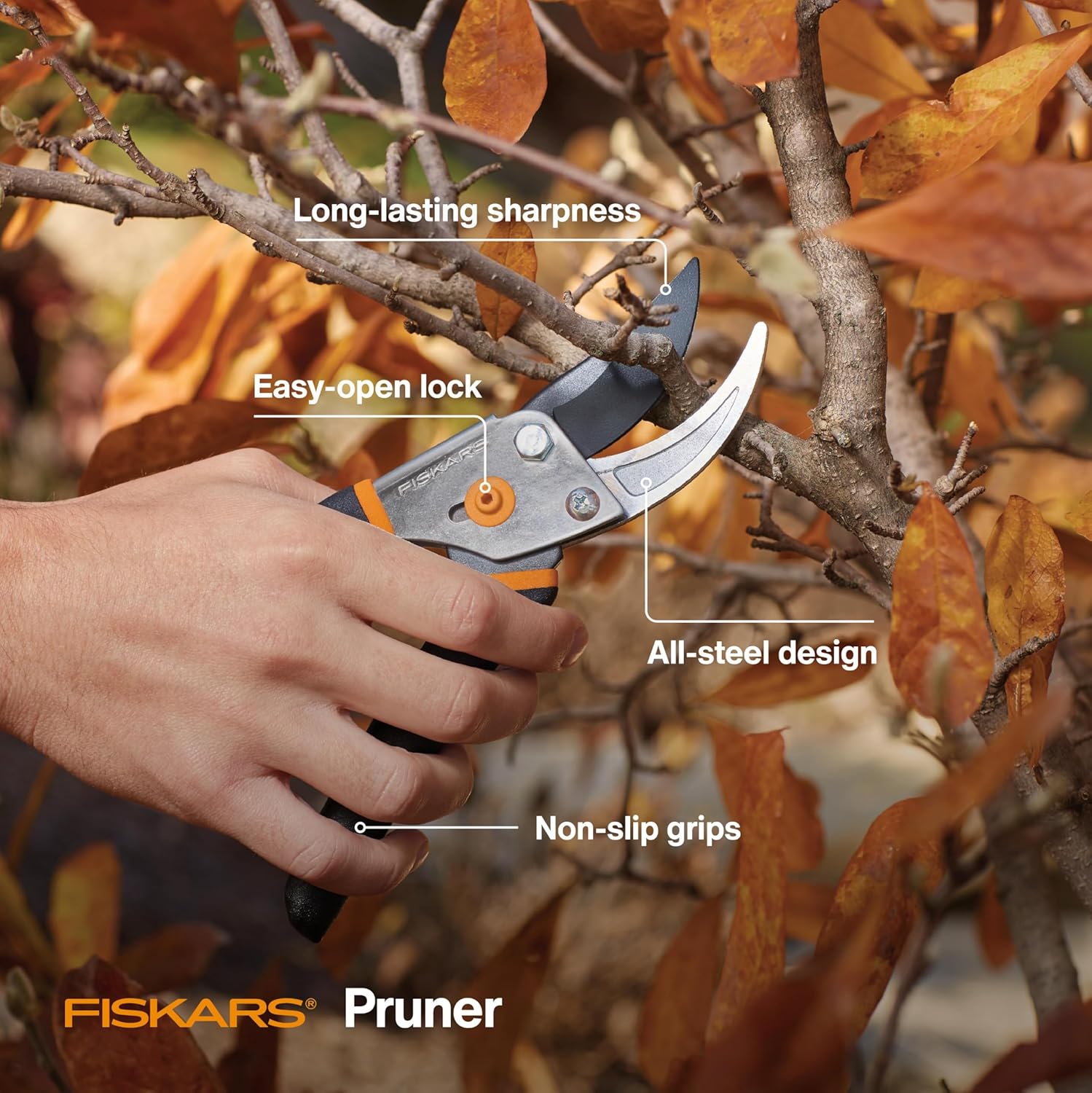 Highlights multiple key features of the Fiskars Pruner to demonstrate its quality, durability, and ease of use for gardening tasks.