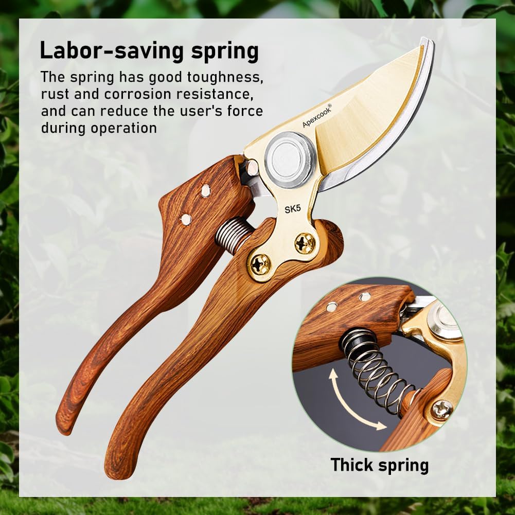 Highlights the product's spring mechanism that reduces user effort and improves durability, making the pruning shears easier and more comfortable to use.