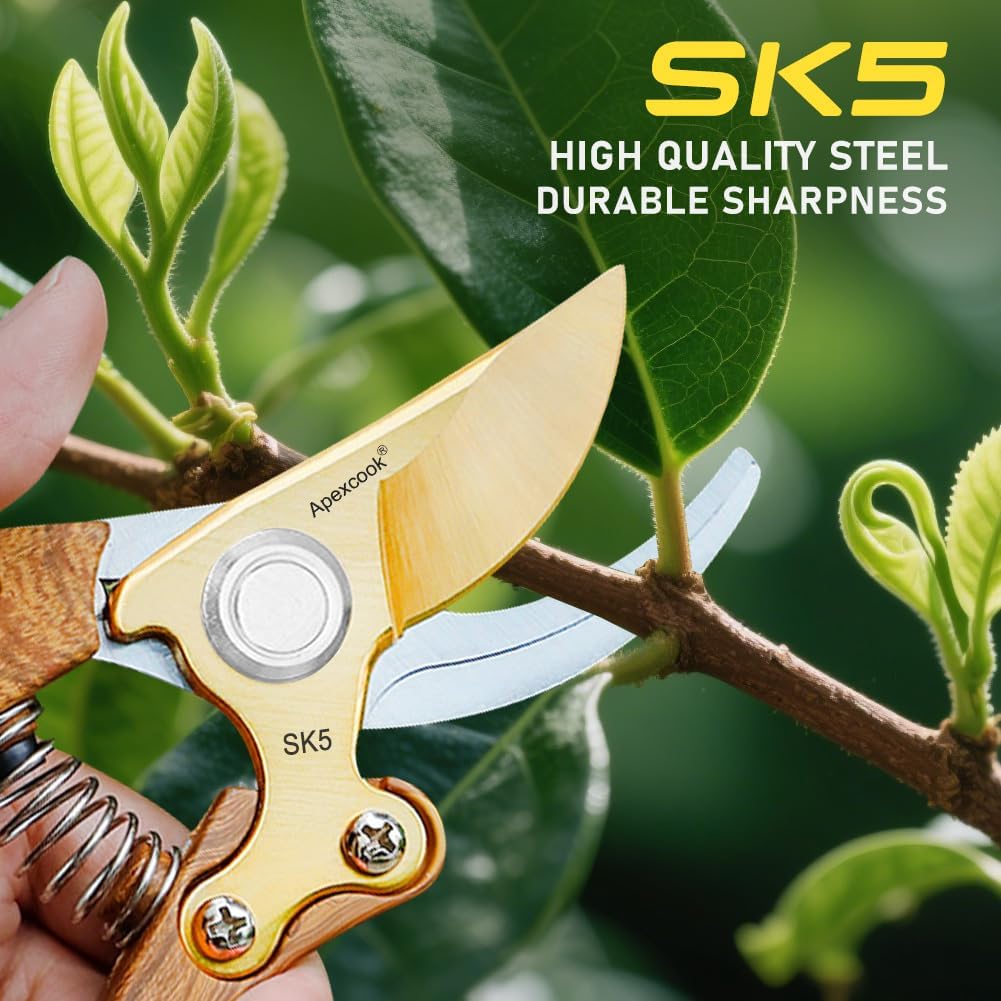 Highlights the durable sharpness of the pruning shears due to high-quality steel construction.