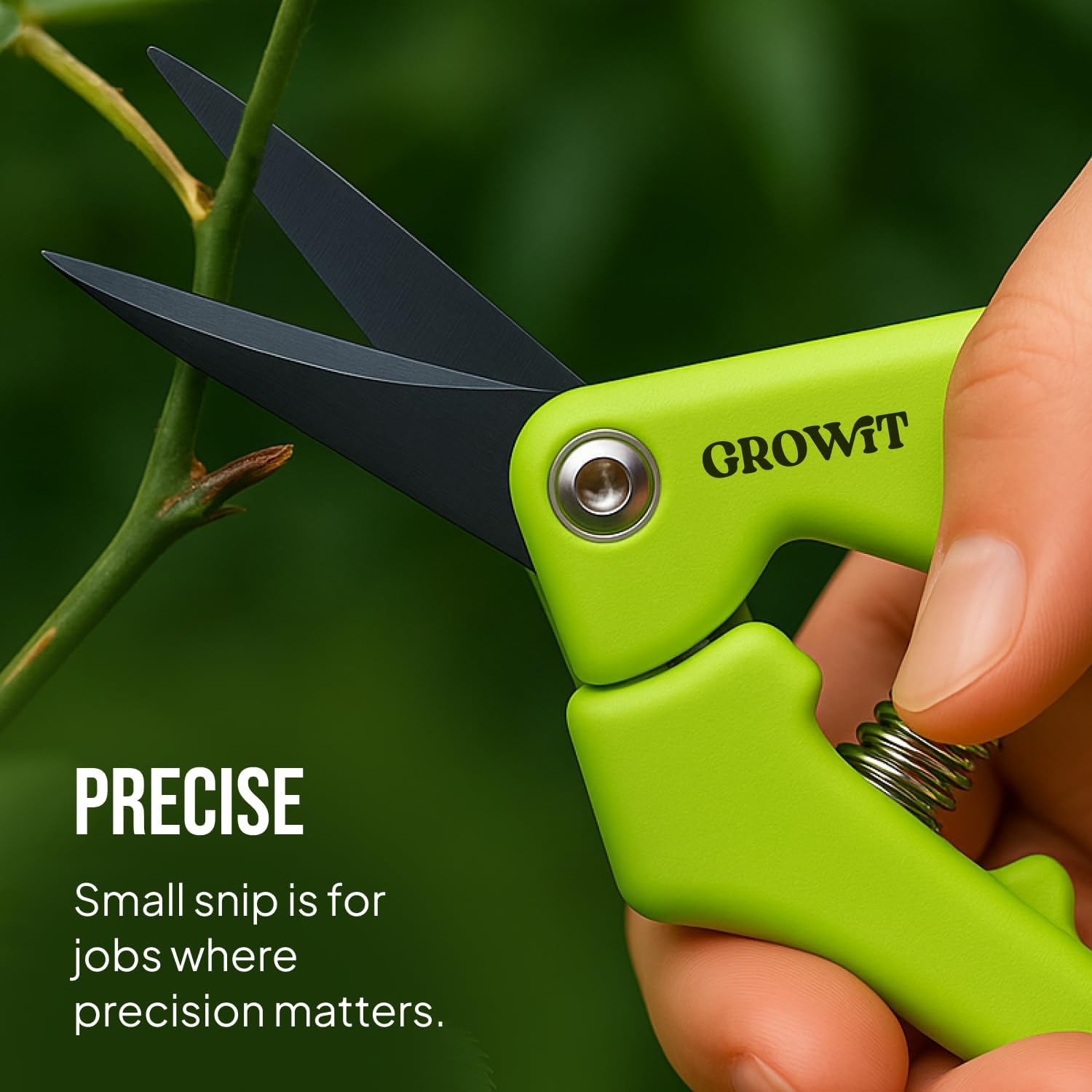 Highlights the product's precision for delicate pruning tasks, emphasizing its ability to make small, accurate cuts.