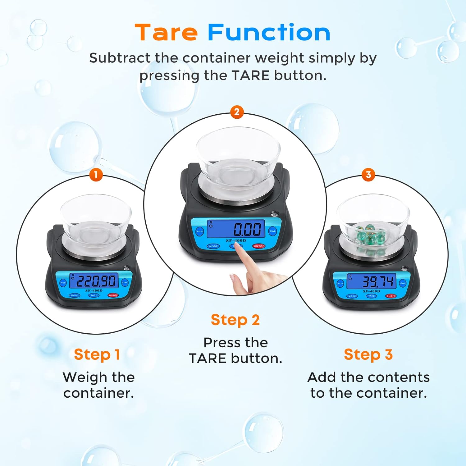 Explains how to use the tare function on a digital scale to subtract container weight, making it easier for customers to accurately weigh contents.