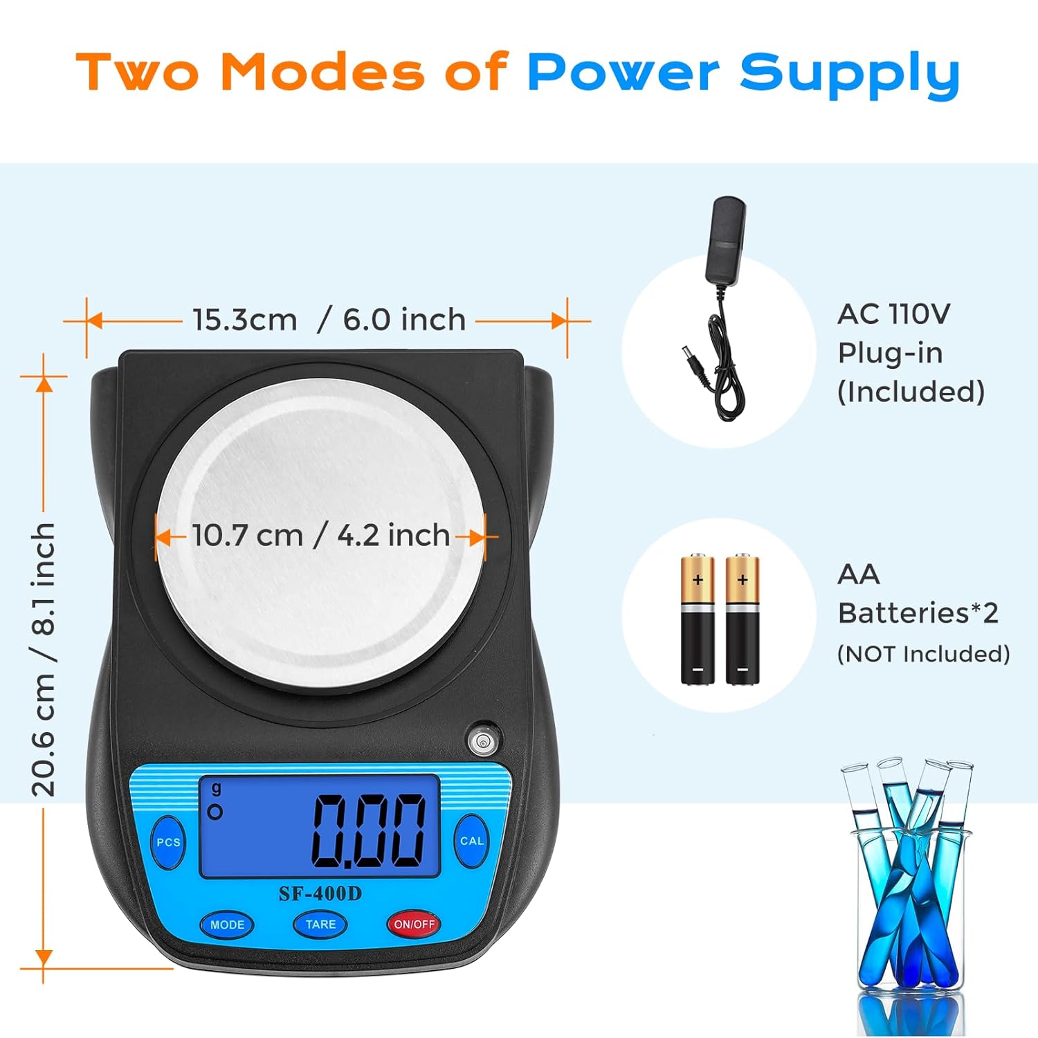 Highlights the product's versatility in power options and its compact dimensions for easy use and storage. Provides exact measurements of the product to help customers understand its size and fit…