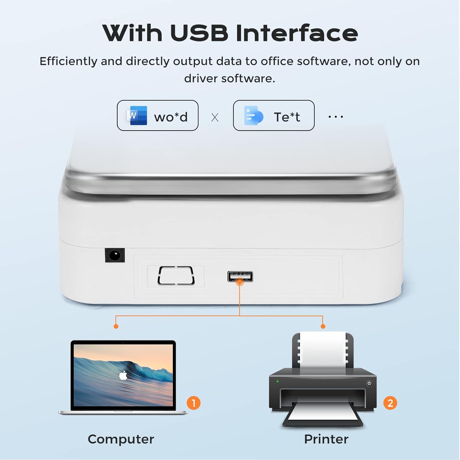 Demonstrates the product's USB interface compatibility with computers and printers, highlighting efficient data output to office software.