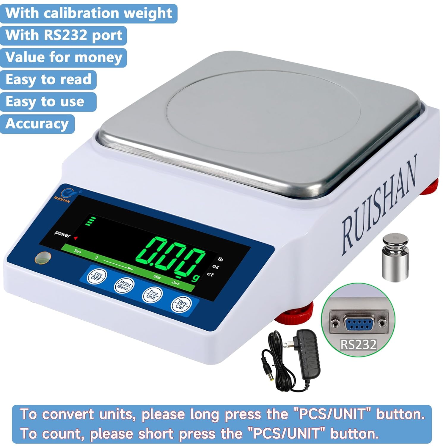 Highlights multiple key features and benefits of the digital scale to demonstrate its value and ease of use for potential buyers.