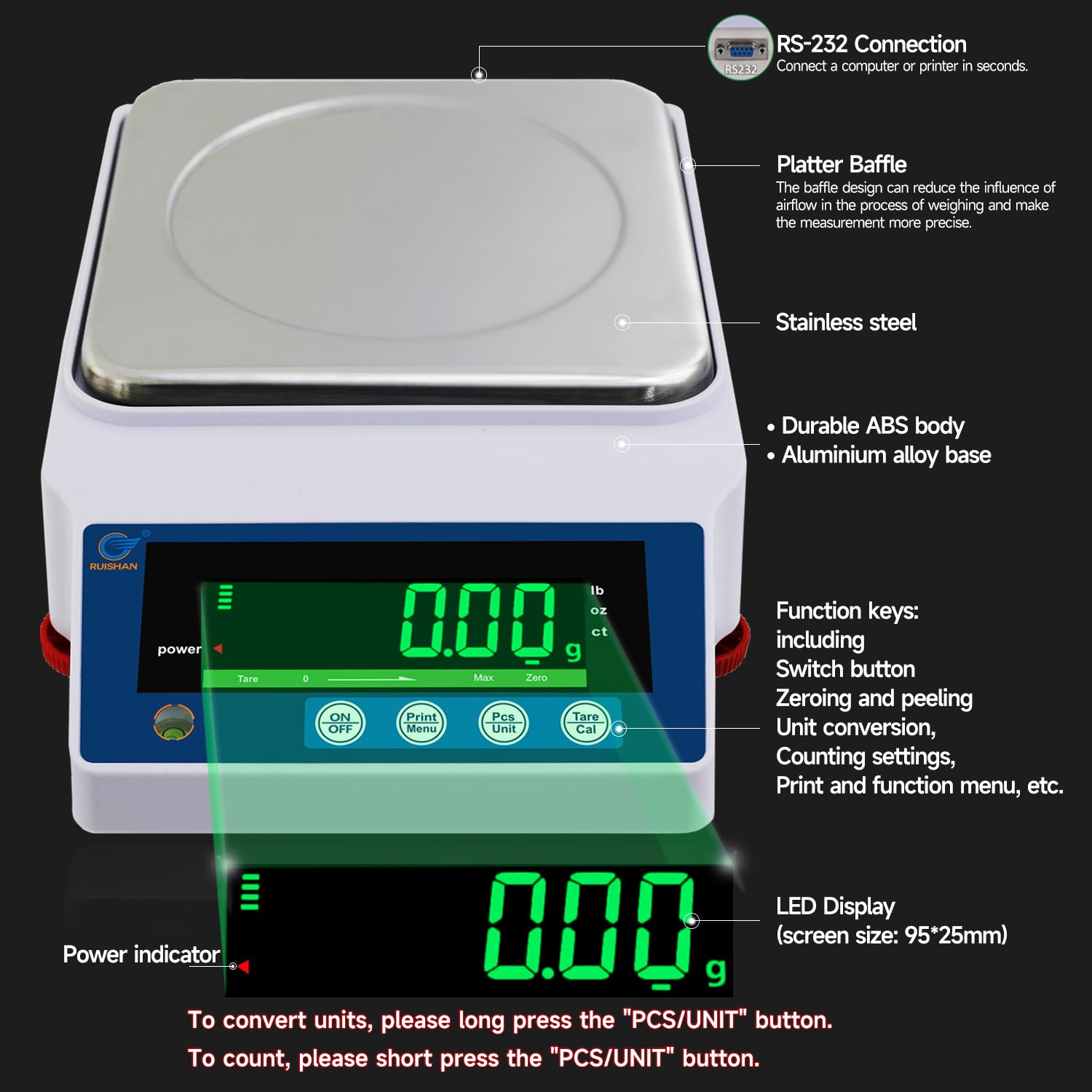 Highlights key features and components of the digital scale, including the RS-232 connection, platter baffle, stainless steel surface, and function buttons.
