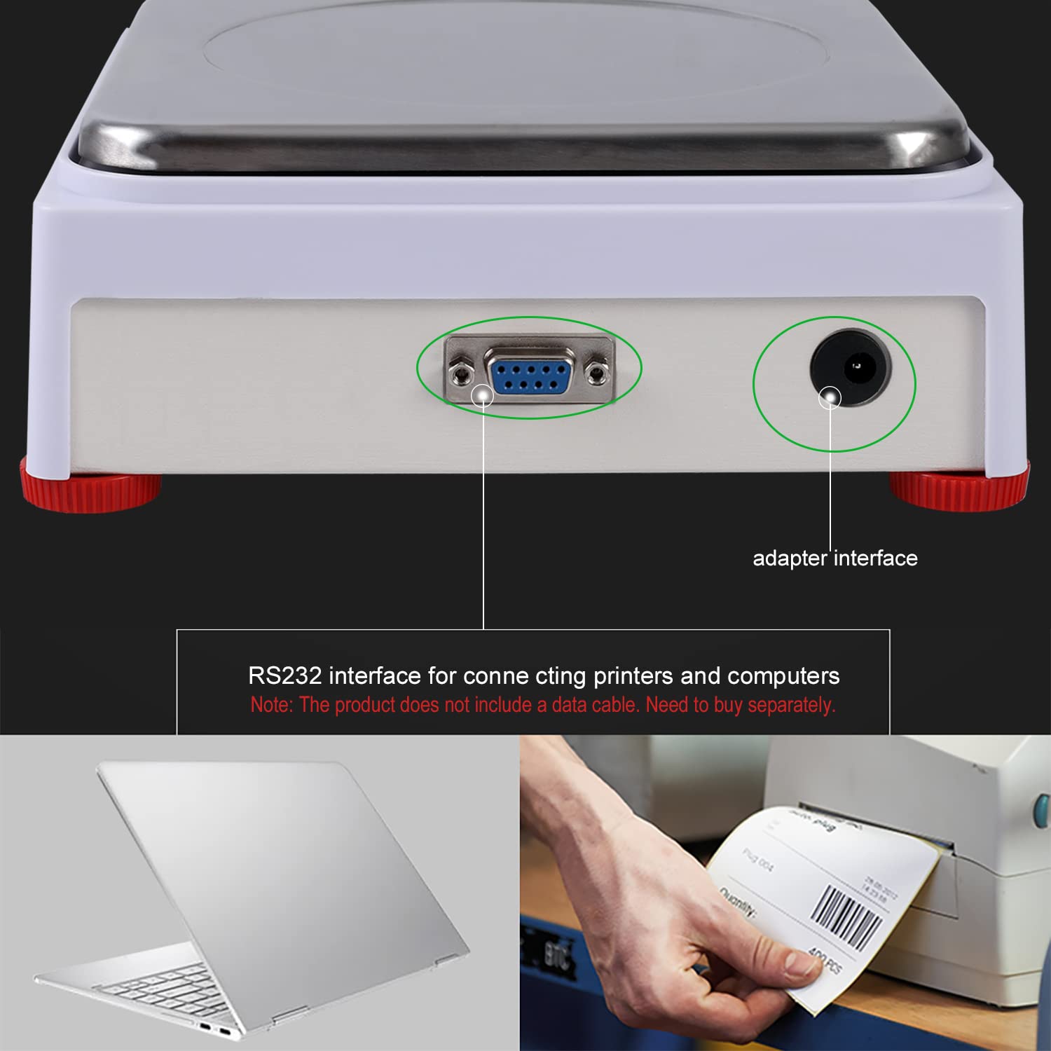 Highlights the product's RS232 interface for connecting to printers and computers, demonstrating compatibility with other devices. Points out and labels the specific ports on the device, helping…