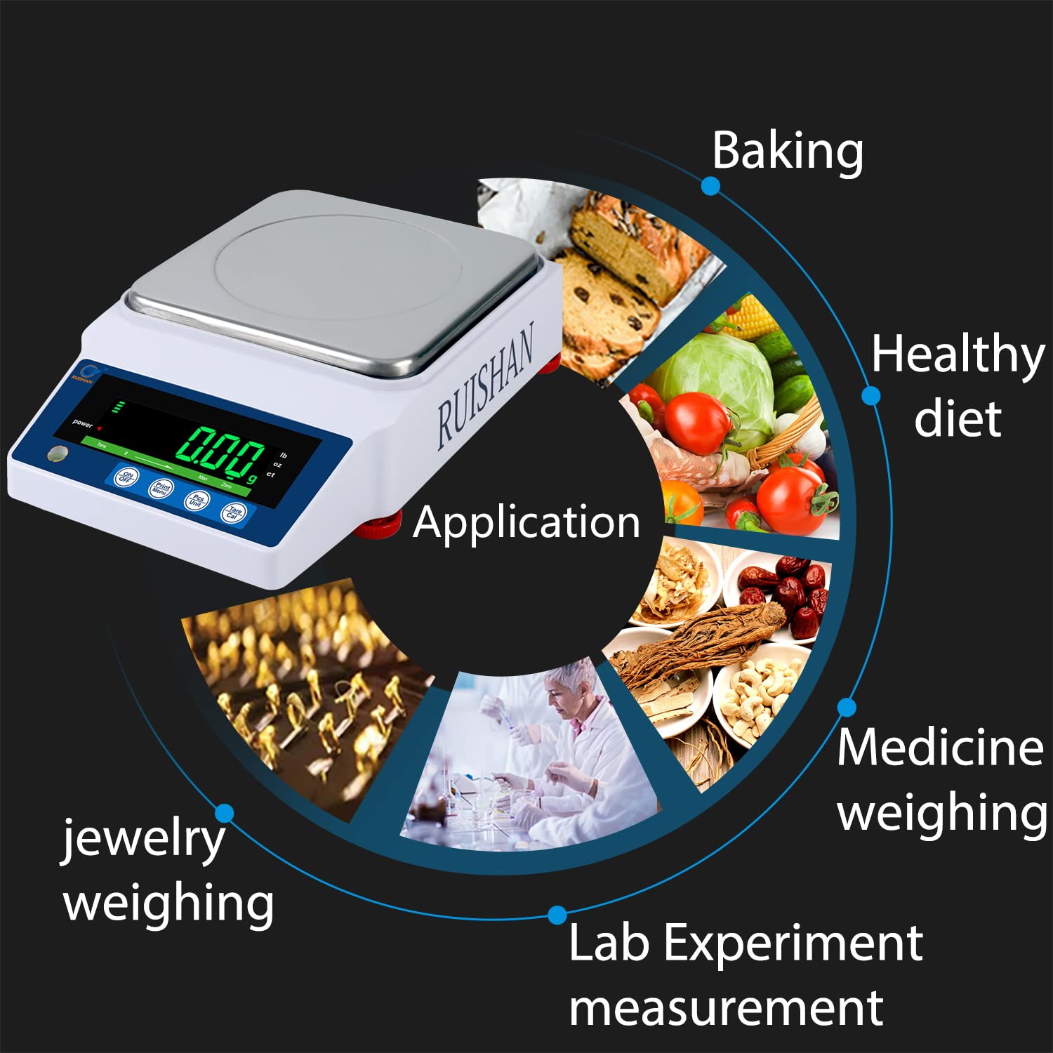 Demonstrates the various applications and use cases for the digital scale, from baking to jewelry weighing to lab experiments.