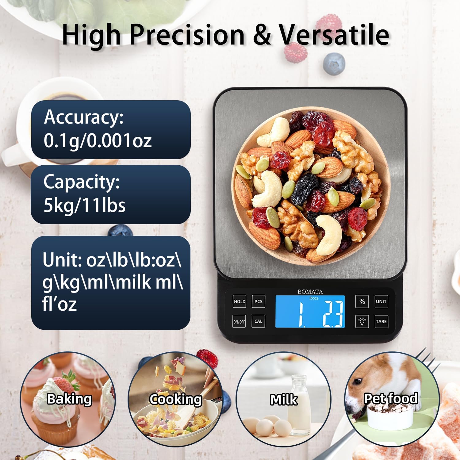 BOMATA Large Kitchen Scale with 0.1g/0.001oz High Precision: Infographics