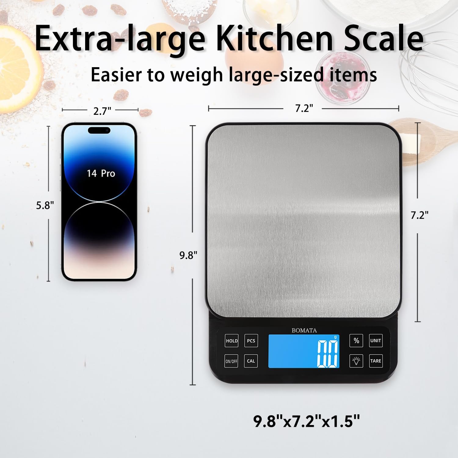 Demonstrates the large size of the kitchen scale compared to a smartphone, emphasizing its ability to weigh larger items easily.