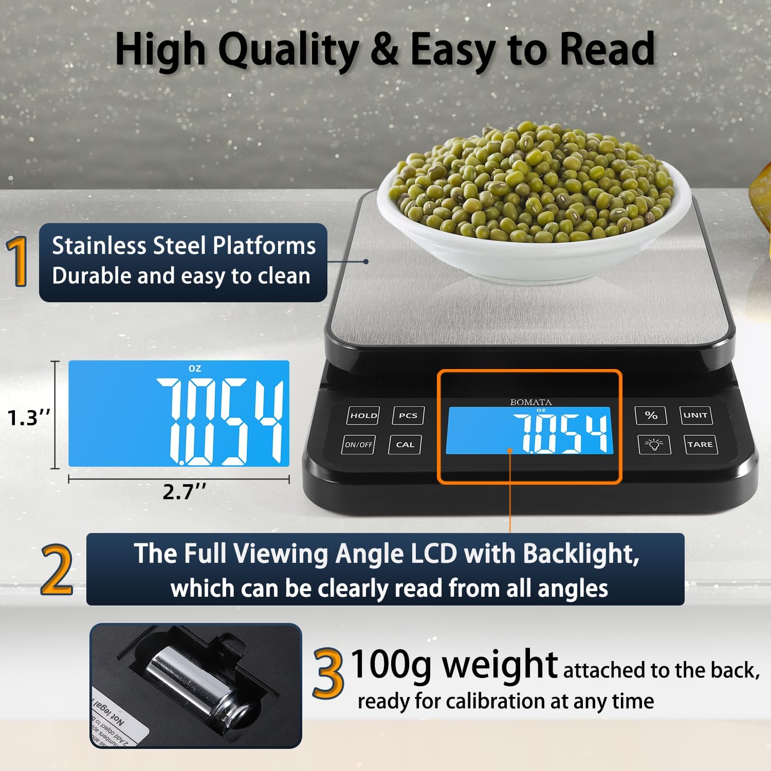 Highlights multiple key features of the kitchen scale to demonstrate its quality, ease of use, and accuracy.