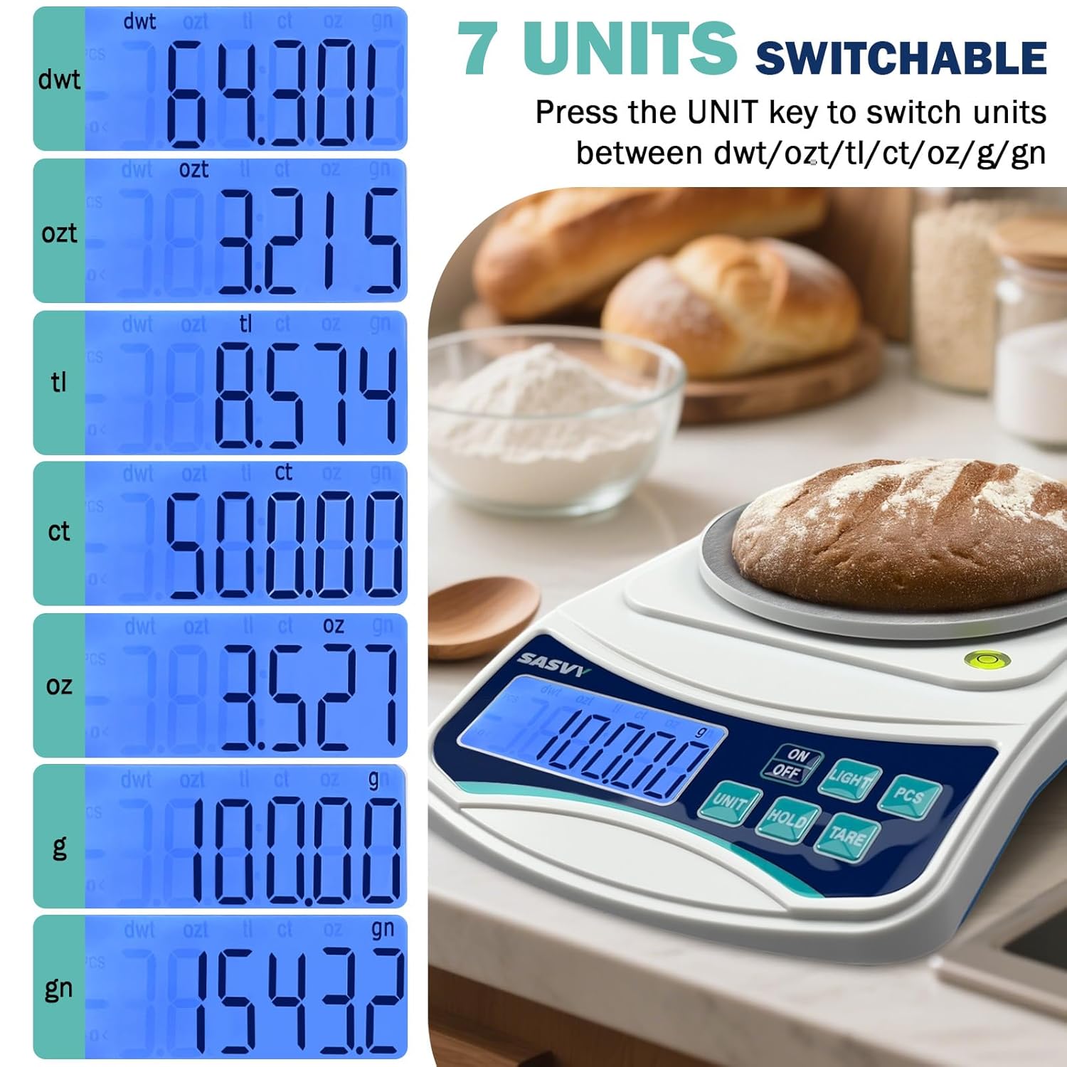 Demonstrates how to switch between 7 different measurement units on the scale, making it versatile for various weighing needs. Showcases the scale's ability to display measurements in 7 different…