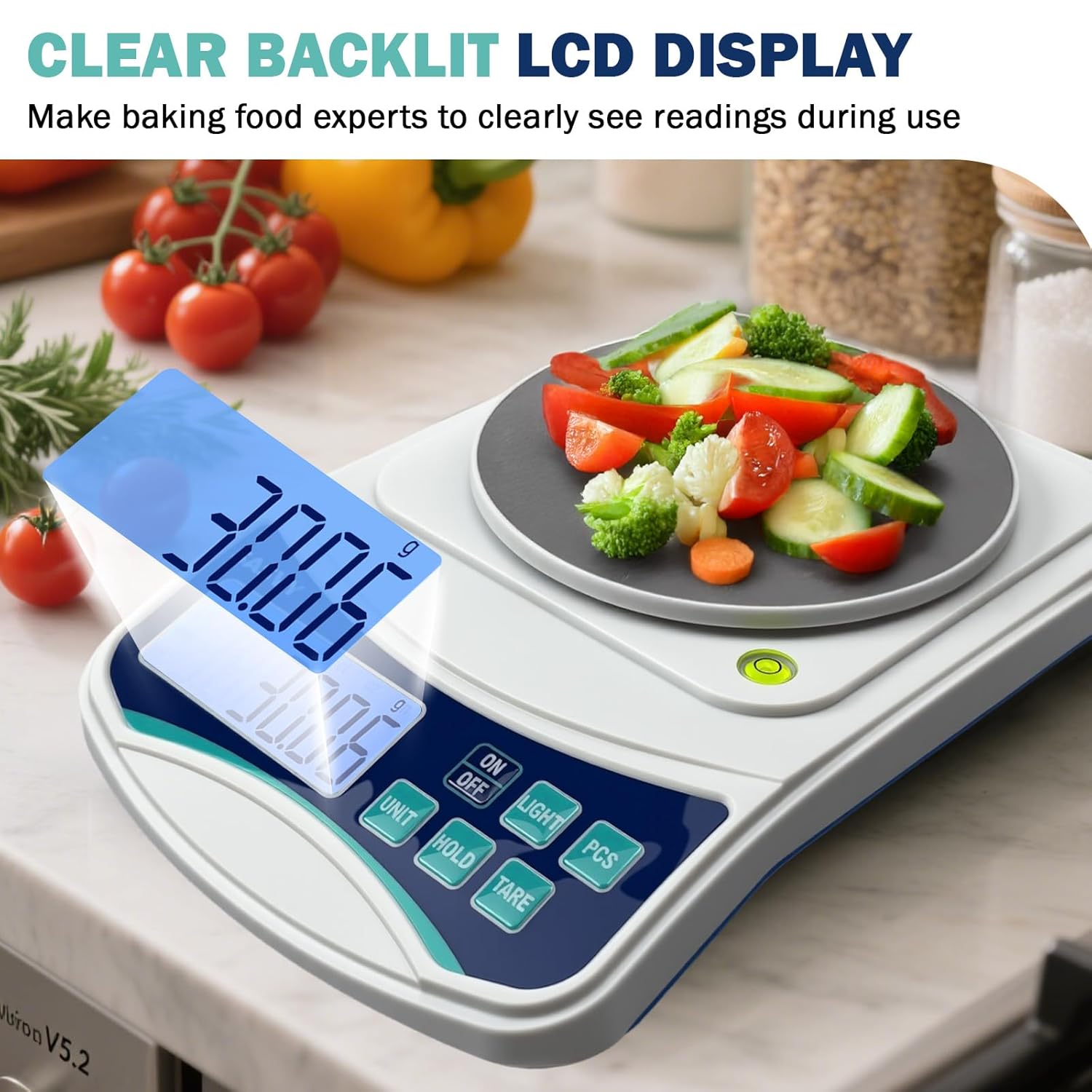 Highlights the product's clear backlit LCD display to emphasize ease of use and accuracy for baking and cooking tasks.