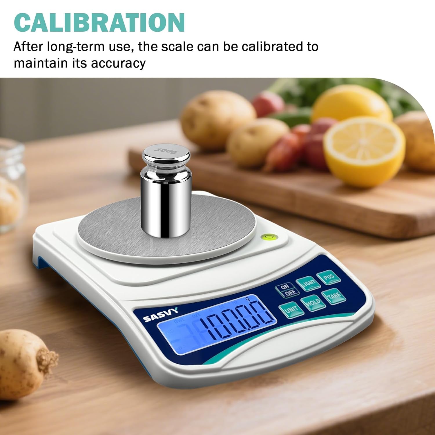 Highlights the scale's ability to be calibrated after long-term use to maintain accuracy, reassuring customers about the product's long-term reliability and precision.