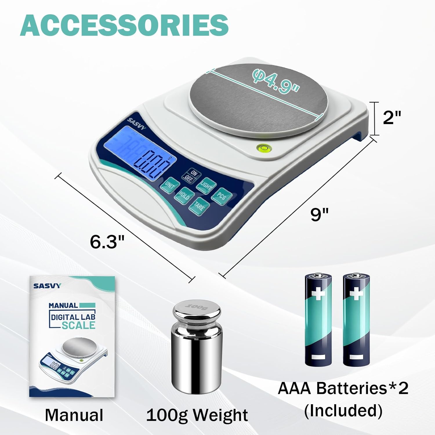 Shows all items included with the digital lab scale purchase, including the scale itself, manual, calibration weight, and batteries. Provides exact dimensions of the digital scale to help customers…