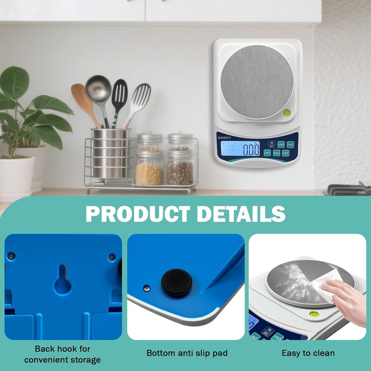 Highlights multiple practical features of the kitchen scale to demonstrate its convenience and ease of use.