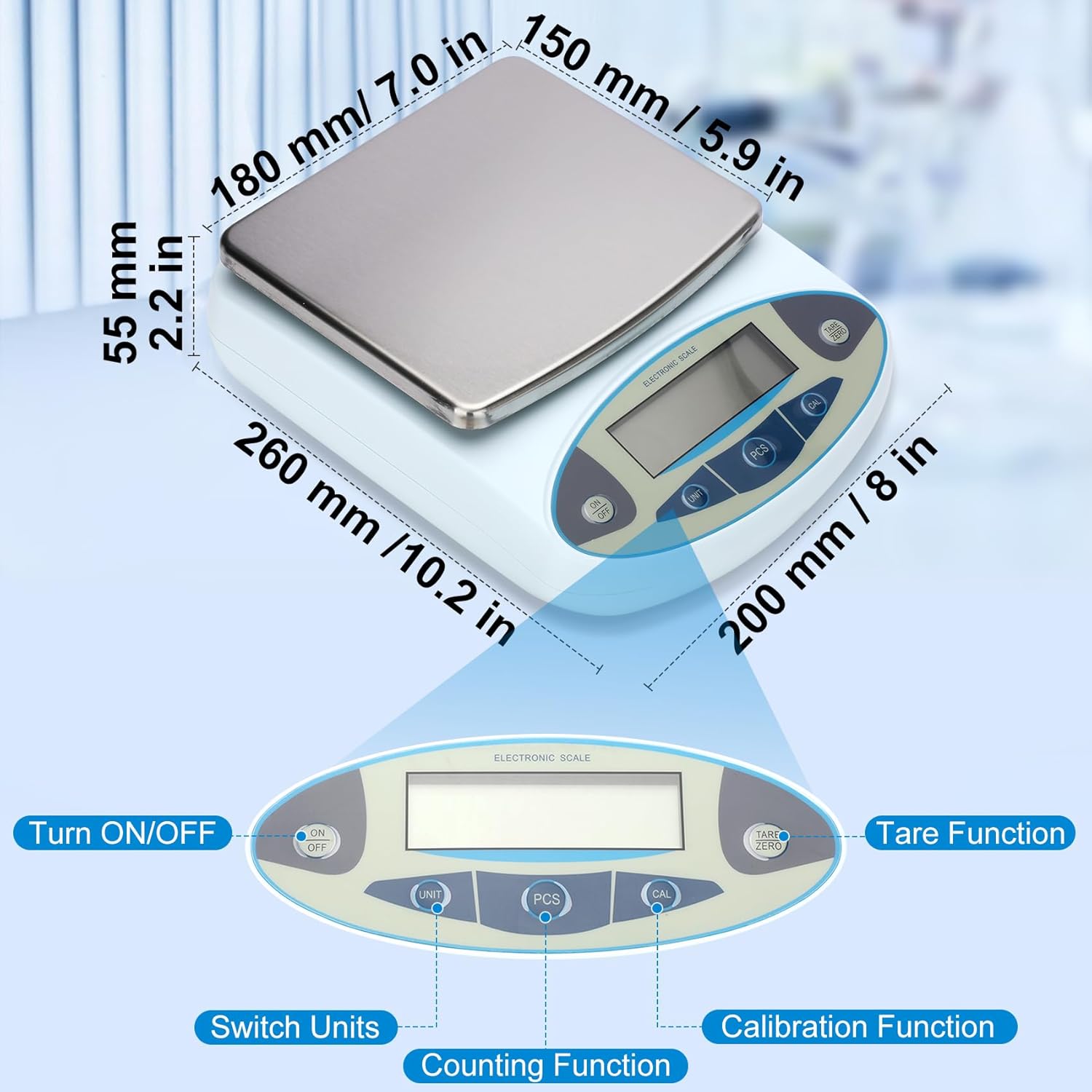 Provides exact measurements of the electronic scale to inform customers about its physical size and footprint. Highlights and explains the key functions of the scale's control panel, helping…