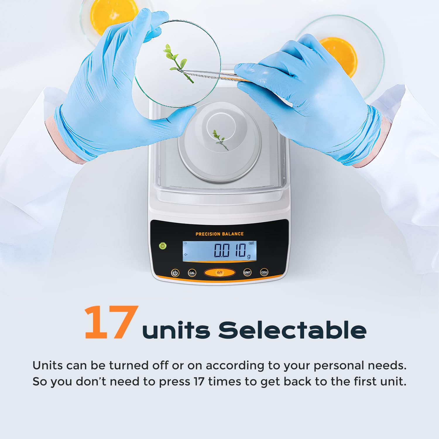 Highlights the product's ability to select from 17 different units, emphasizing convenience and versatility for various measurement needs.