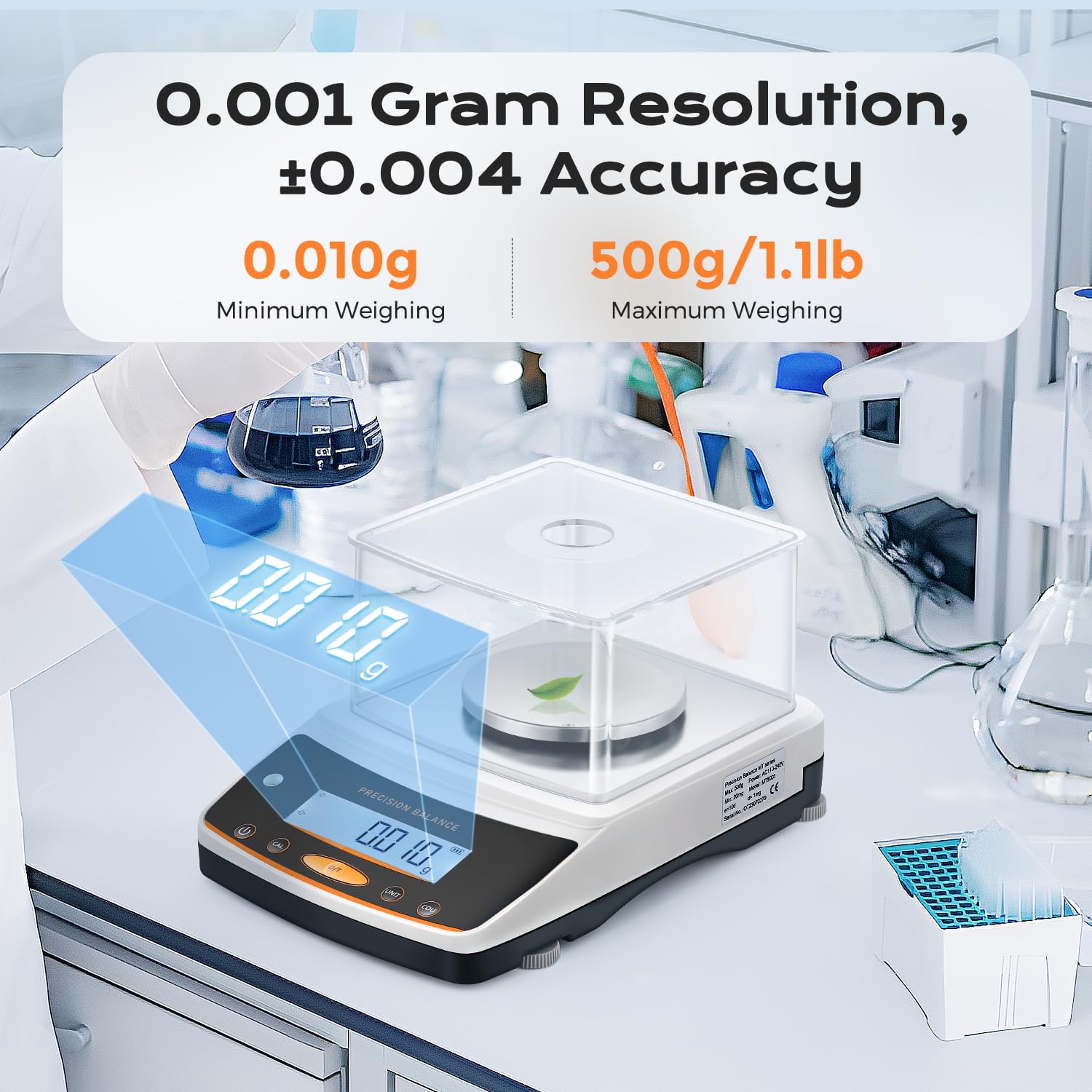 Highlights the scale's high resolution and accuracy, as well as its wide weighing range to demonstrate its versatility and precision for various weighing needs.