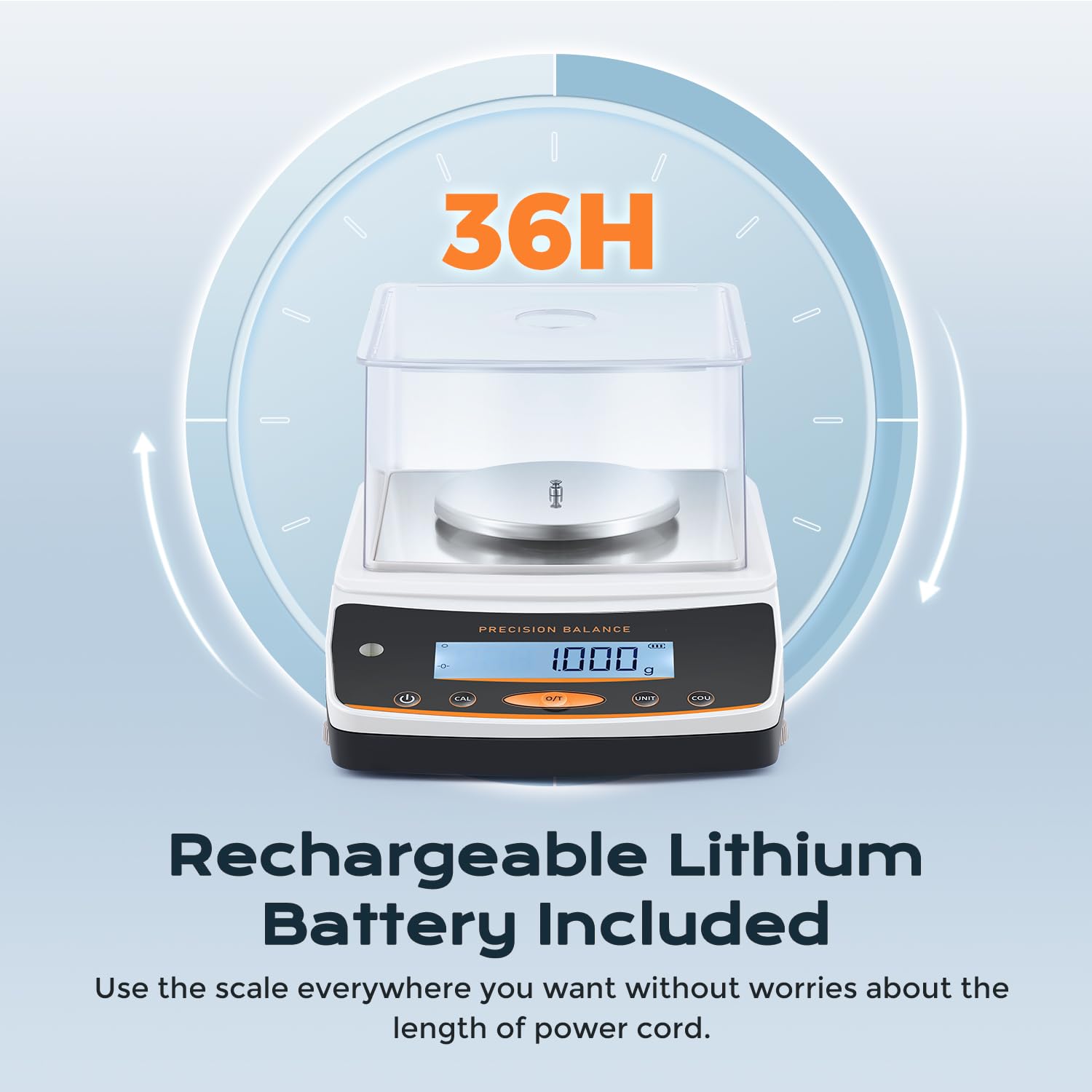 Highlights the precision balance's 36-hour rechargeable lithium battery, emphasizing its portability and convenience for extended use without power cords.
