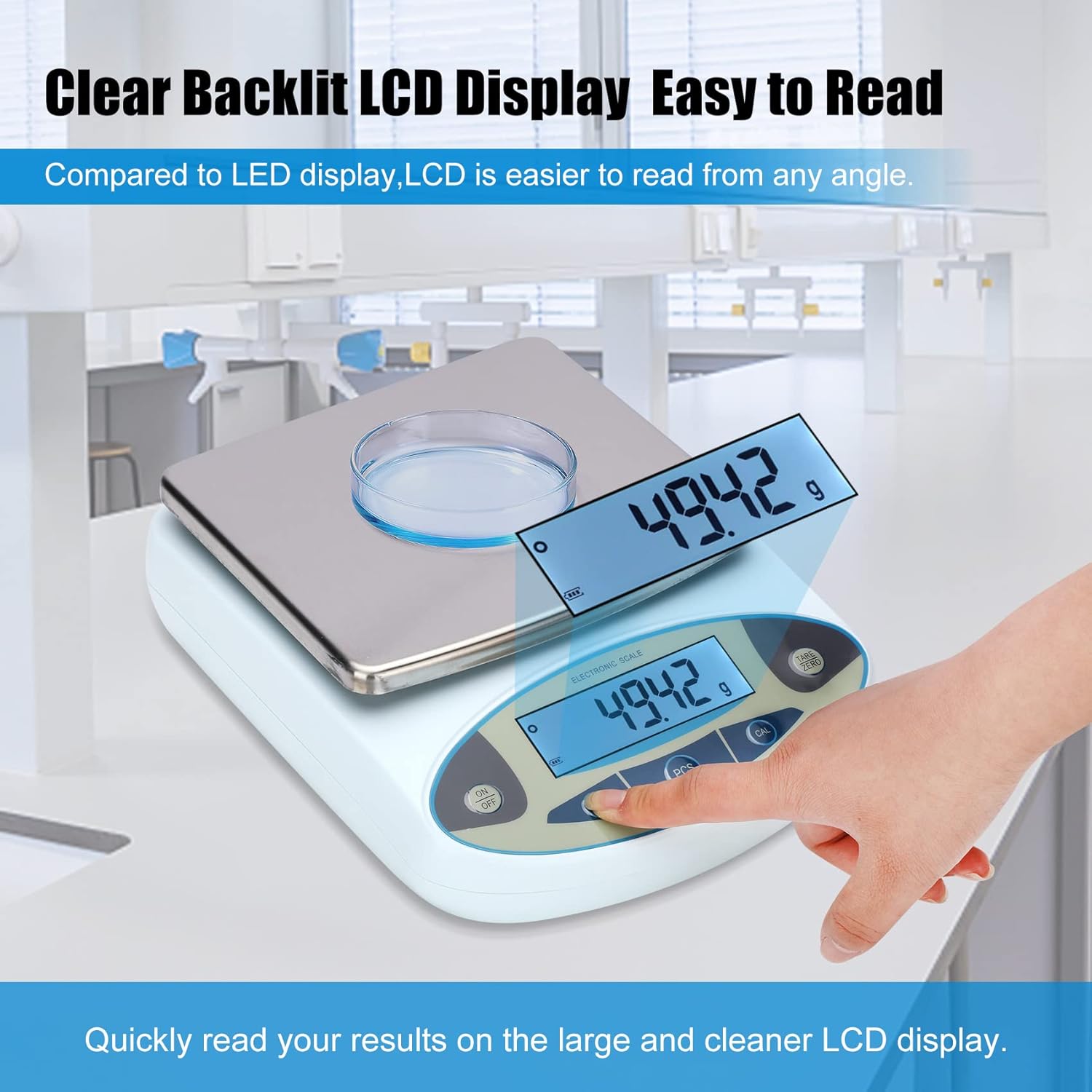 Highlights the product's easy-to-read LCD display, emphasizing its superiority over LED displays for readability from any angle.