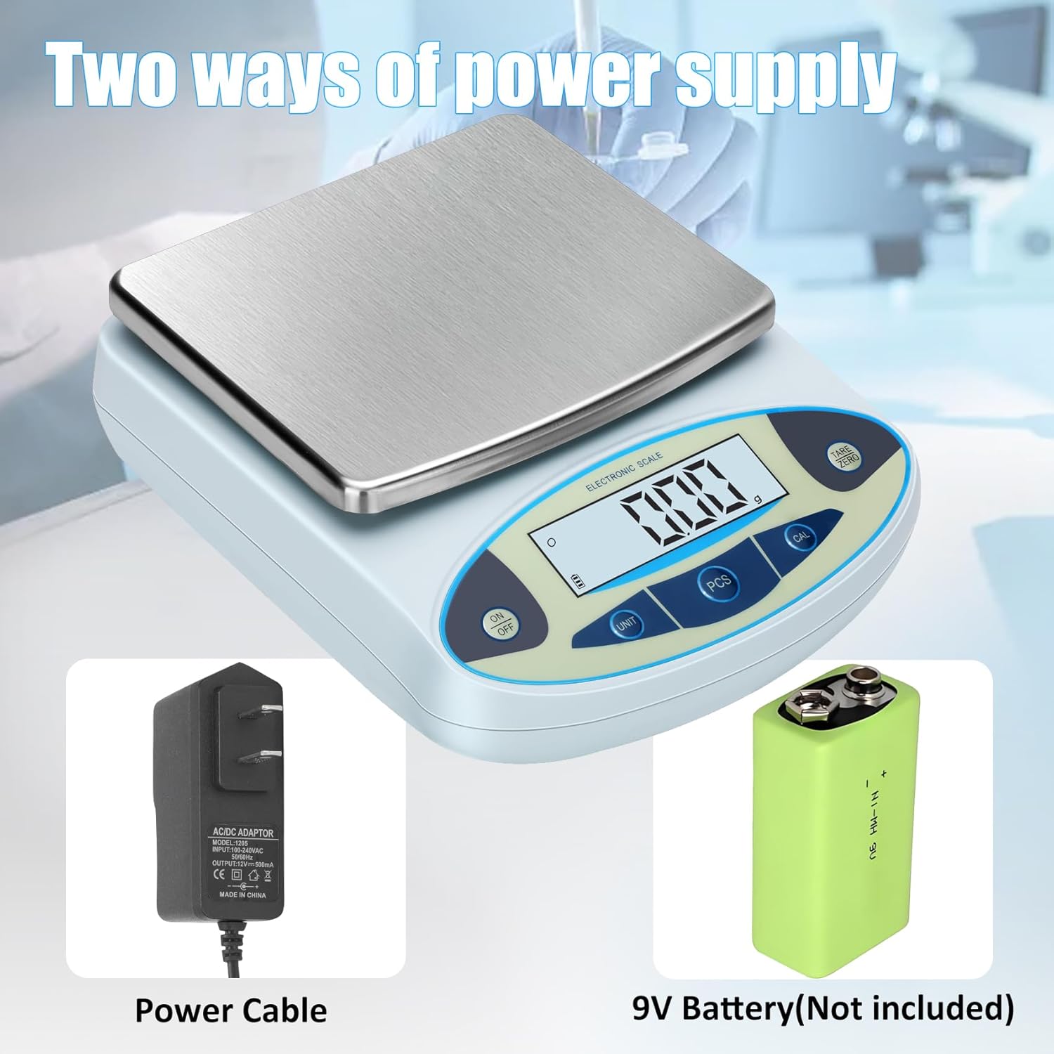 Highlights the product's versatility in power supply options and its digital display feature, emphasizing convenience and functionality.