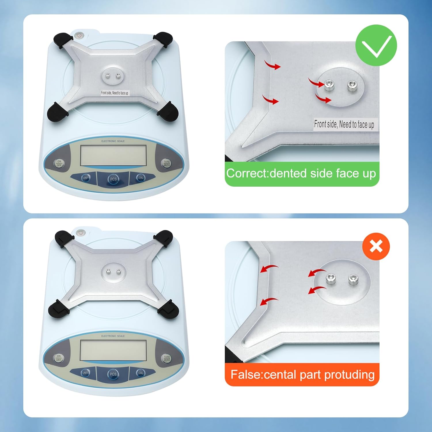 Demonstrates the proper way to place the product on the scale, ensuring accurate measurements.