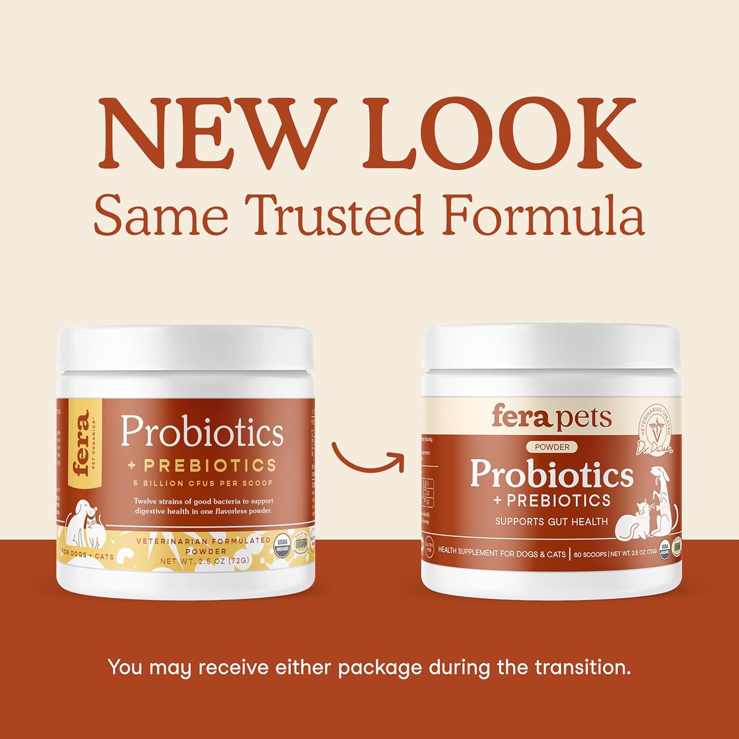 Informs customers about the product's new packaging while reassuring them that the formula remains unchanged.