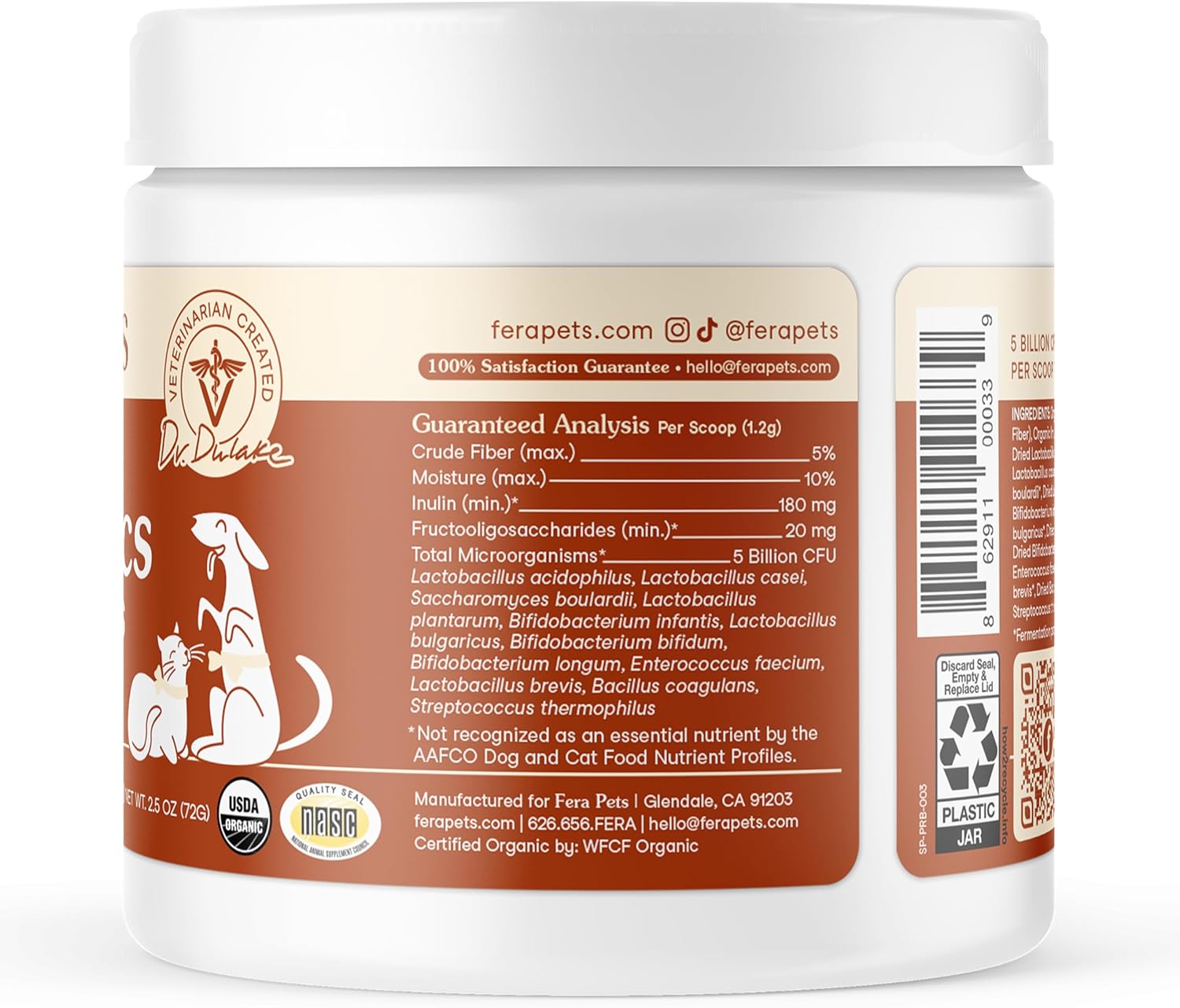 Highlights the product's USDA Organic certification and probiotic content to reassure pet owners about its safety and health benefits. Provides specific nutritional information and probiotic content…