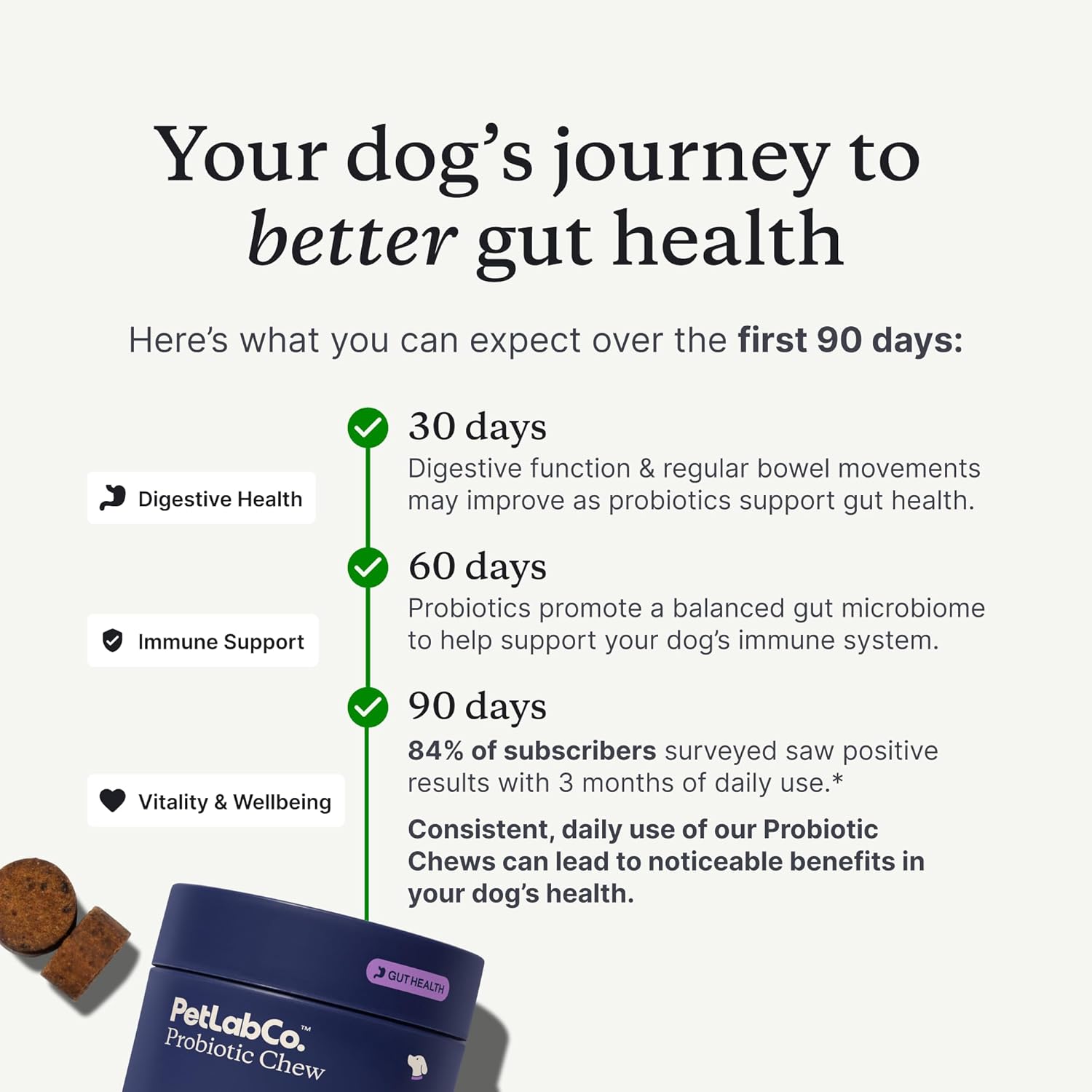 Explains the expected timeline and benefits of using the probiotic chews for dogs over a 90-day period, highlighting improvements in digestive health, immune support, and overall wellbeing.