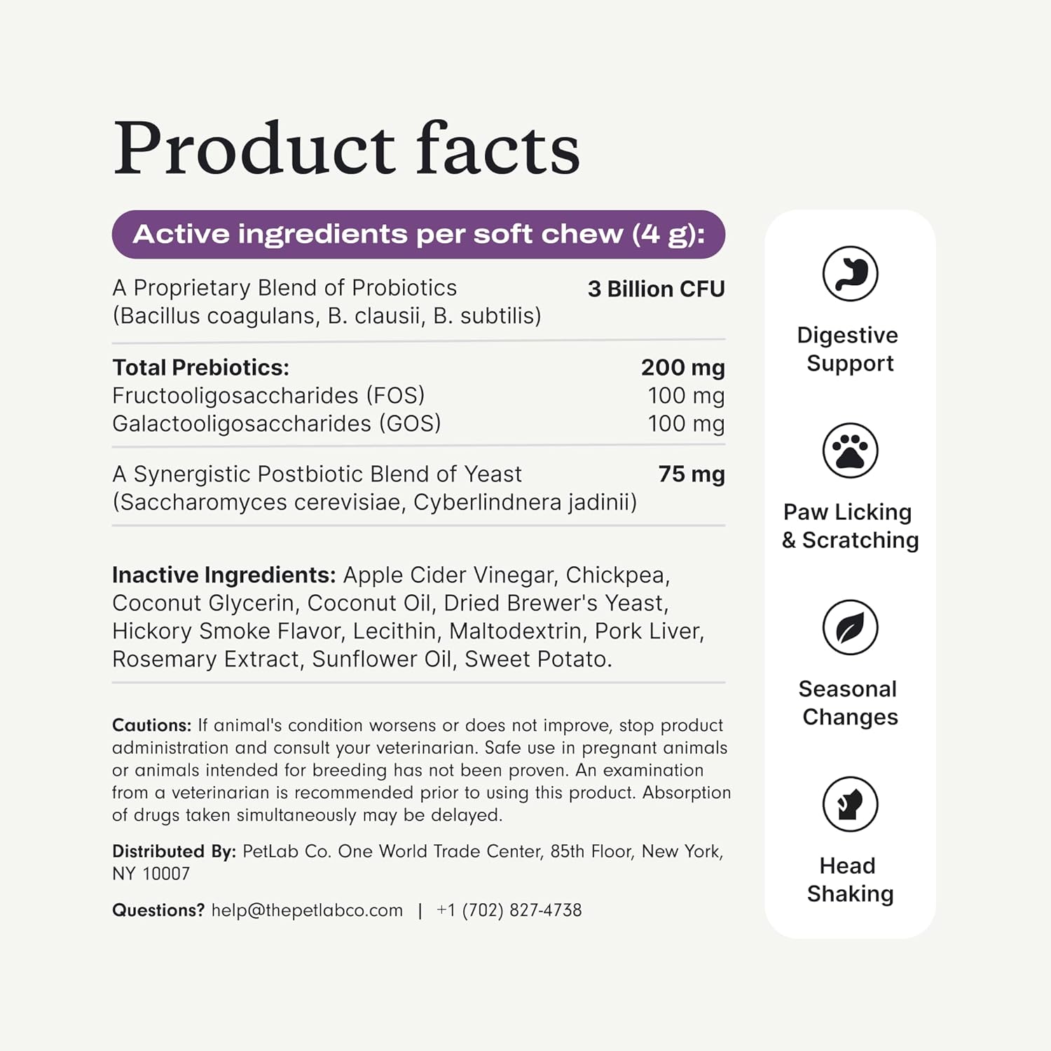 Provides detailed information about the product's active and inactive ingredients, dosage, and intended benefits for pet health.