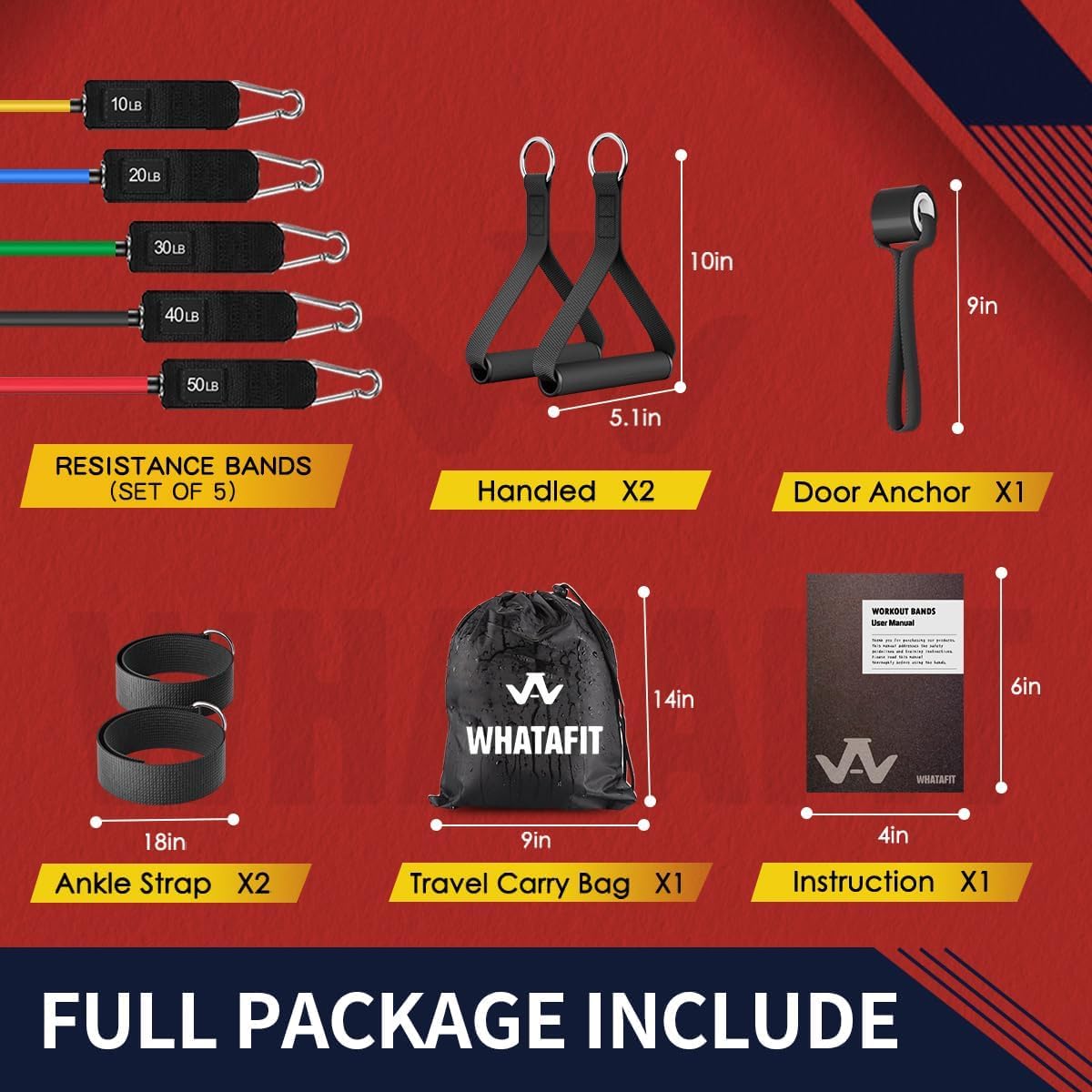 Shows all items included in the resistance bands package, highlighting the variety and completeness of the workout set.
