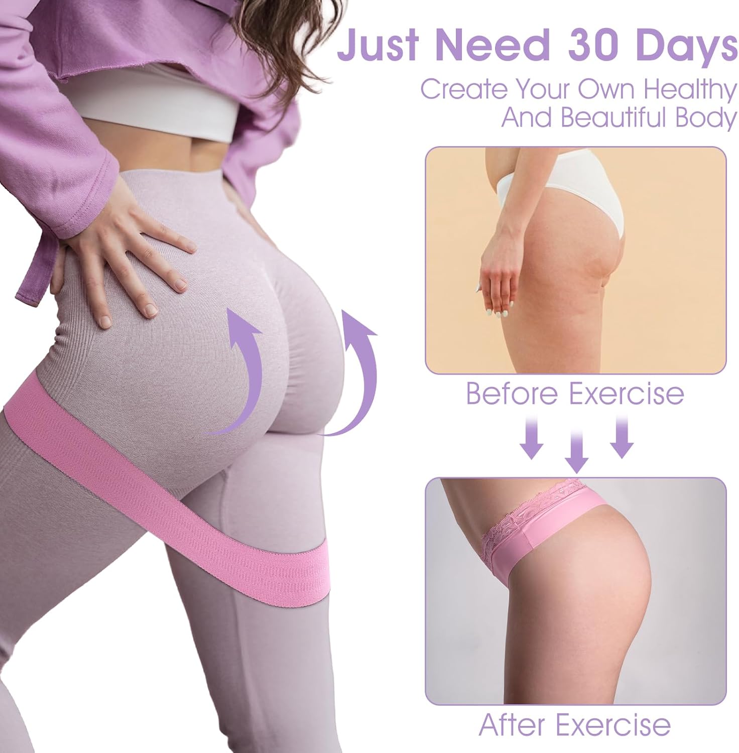 Shows the potential body transformation achievable in 30 days, highlighting improved muscle tone and reduced cellulite.