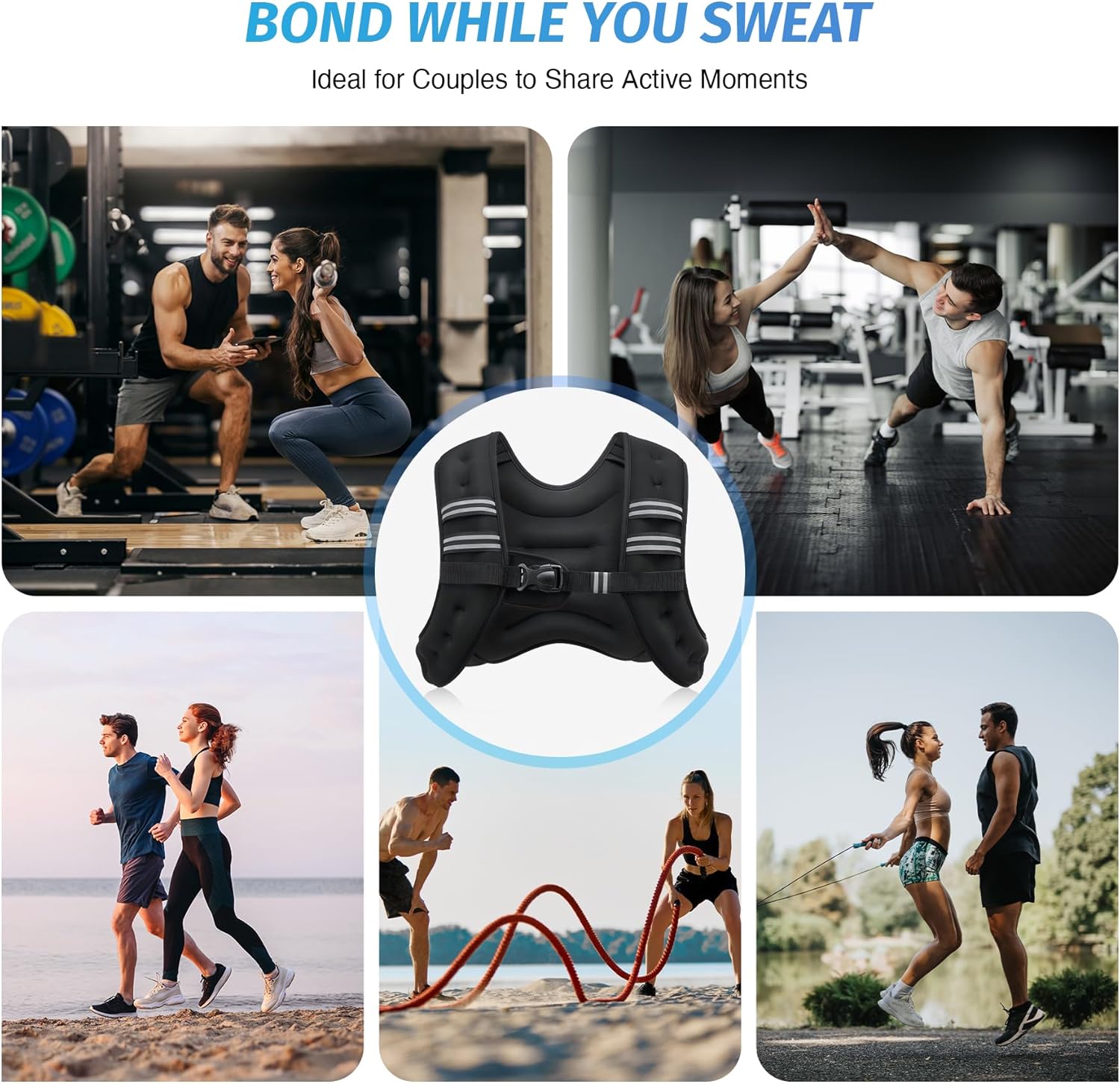 Showcases various ways couples can exercise together using the product, promoting it as a tool for shared fitness experiences and relationship bonding.