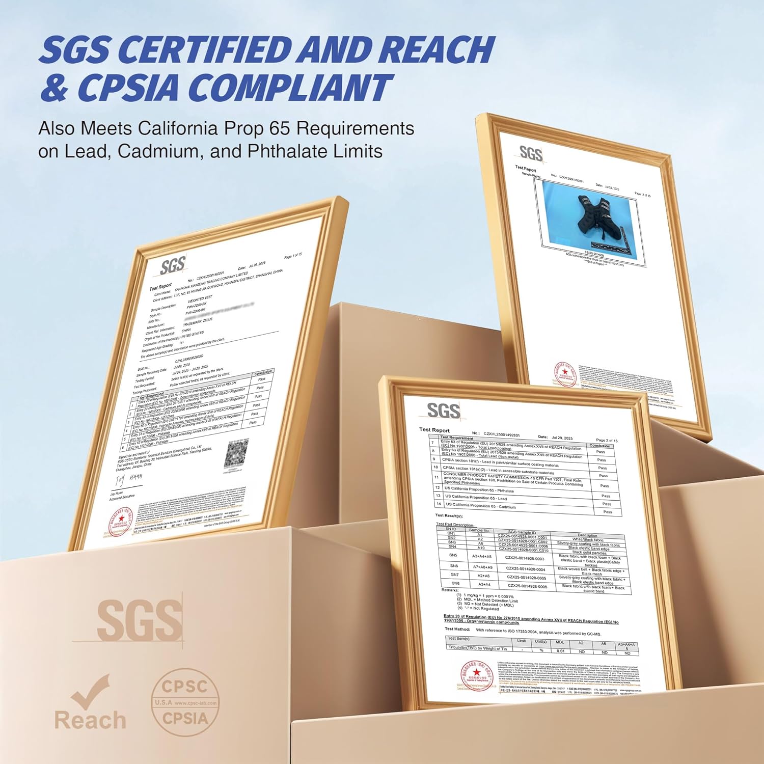 Reassures customers about the product's safety and compliance with various regulations and standards.