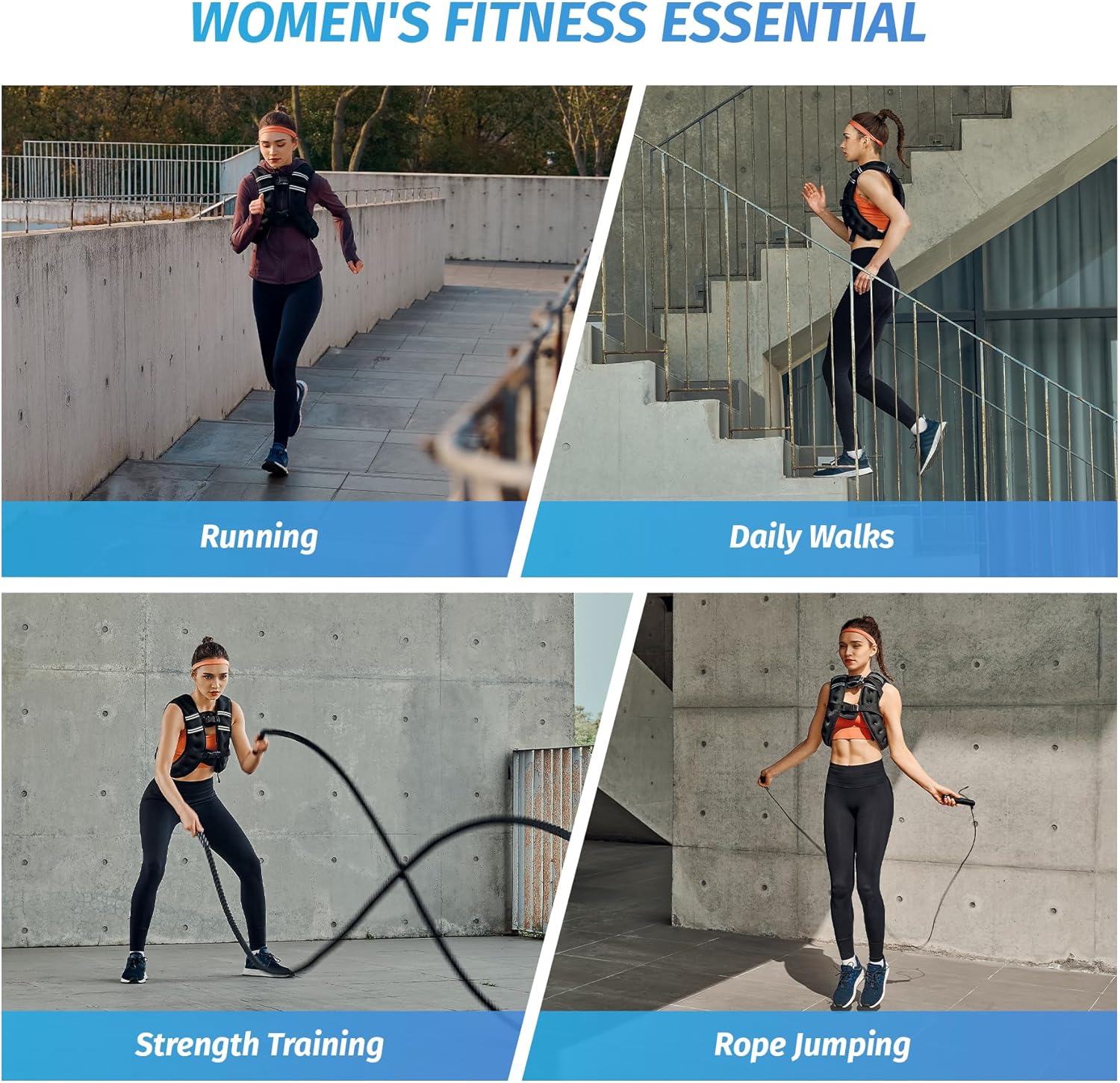 Showcases the various ways the product can be used for different fitness activities, demonstrating its versatility for women's workouts.