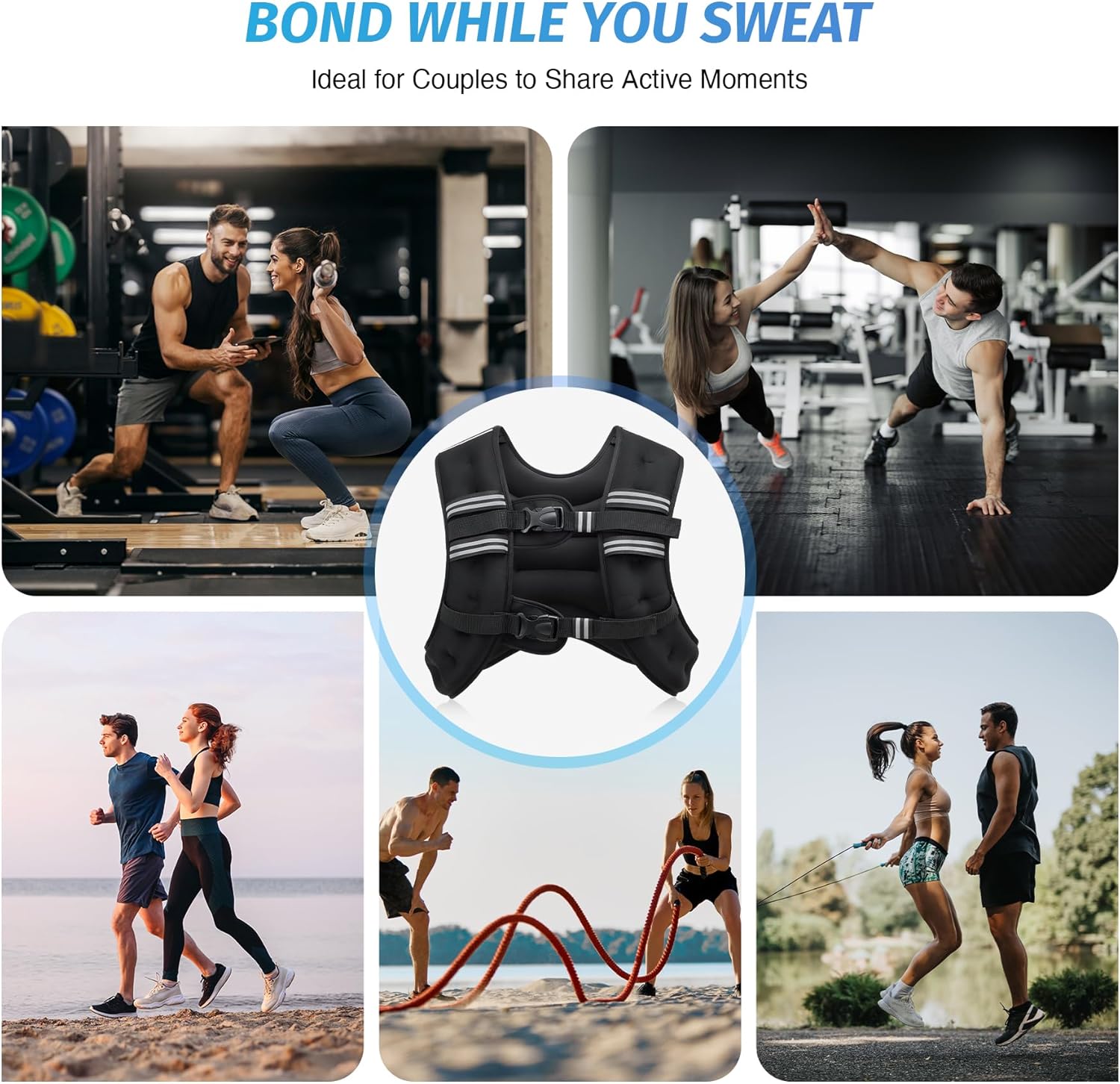 Showcases various ways couples can exercise together using the product, promoting it as a tool for relationship bonding through fitness.