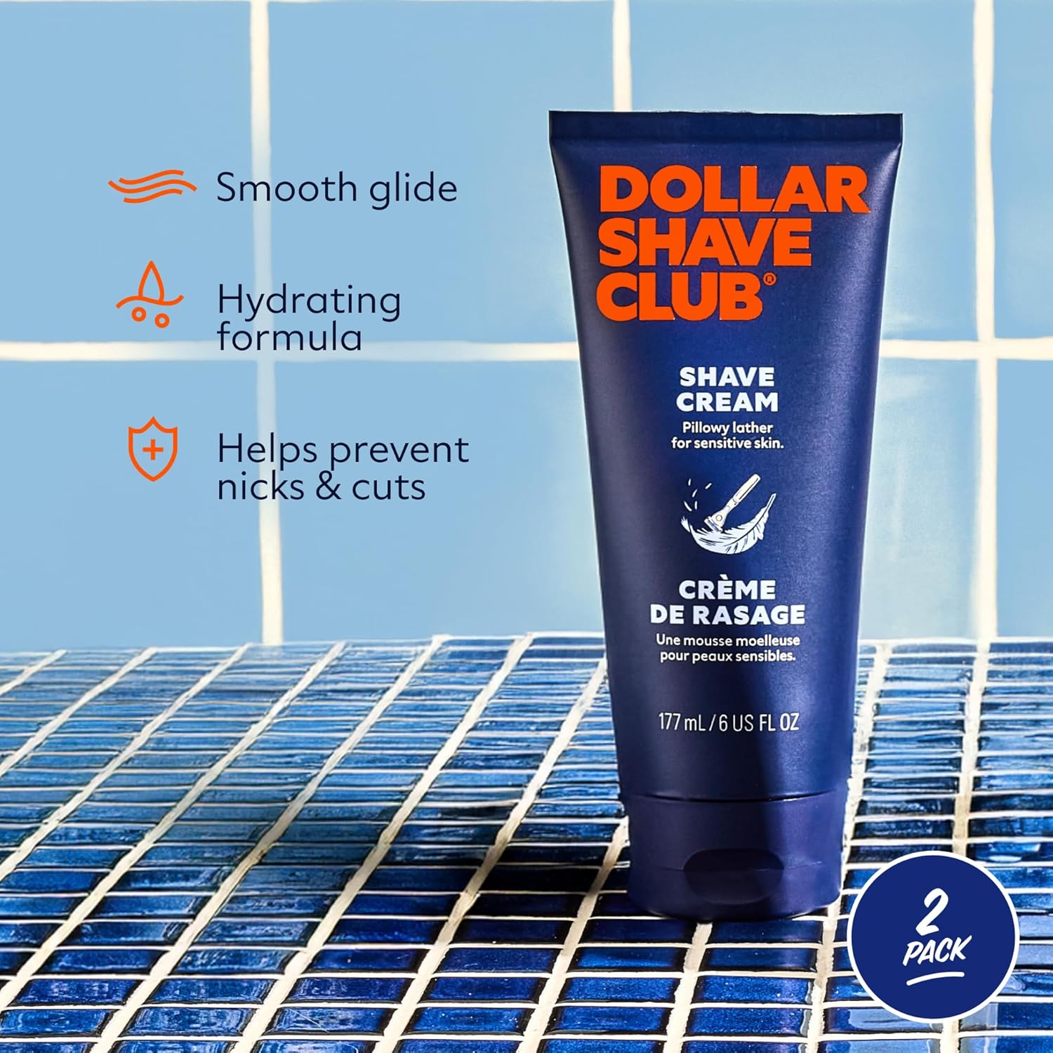 Highlights multiple benefits of the shave cream to demonstrate its effectiveness and suitability for sensitive skin.