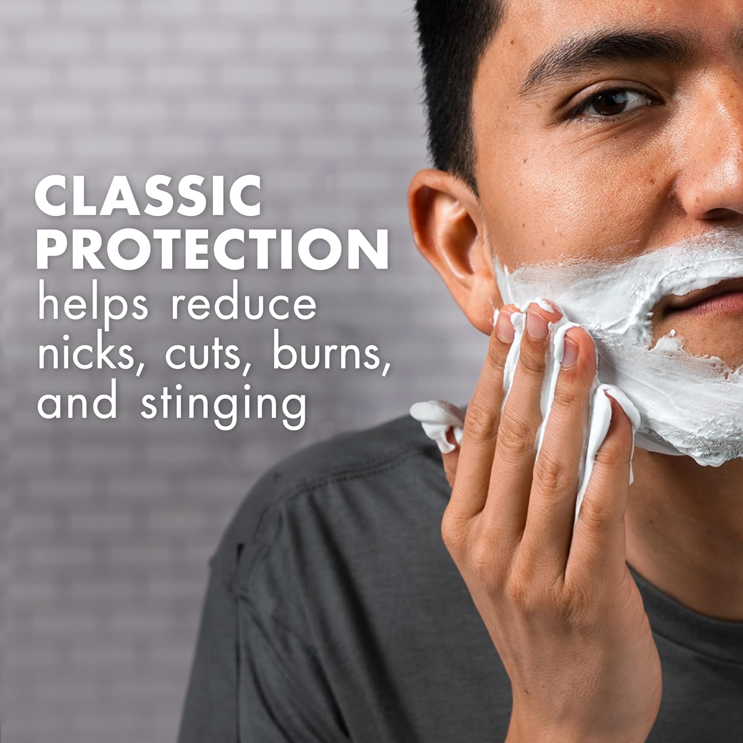 Highlights the protective benefits of the shaving product, emphasizing its ability to reduce common shaving discomforts.
