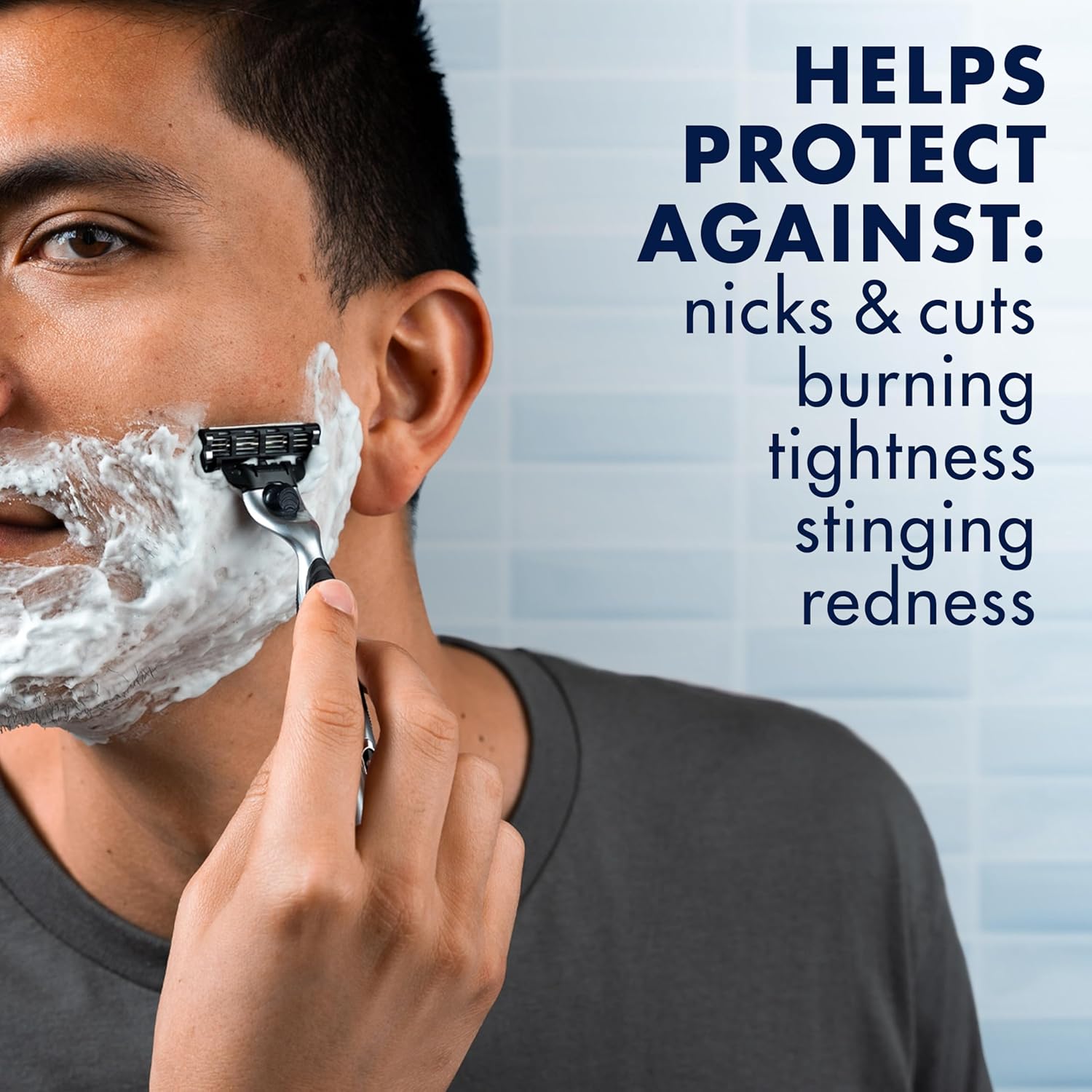 Highlights the product's ability to protect against common shaving issues, reassuring customers of a comfortable and safe shaving experience.