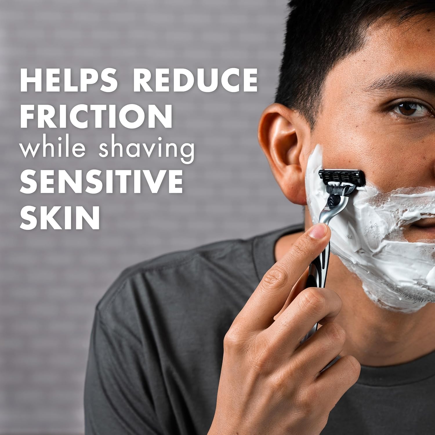 Highlights the product's ability to reduce friction while shaving sensitive skin, addressing a common pain point for users with skin sensitivities.