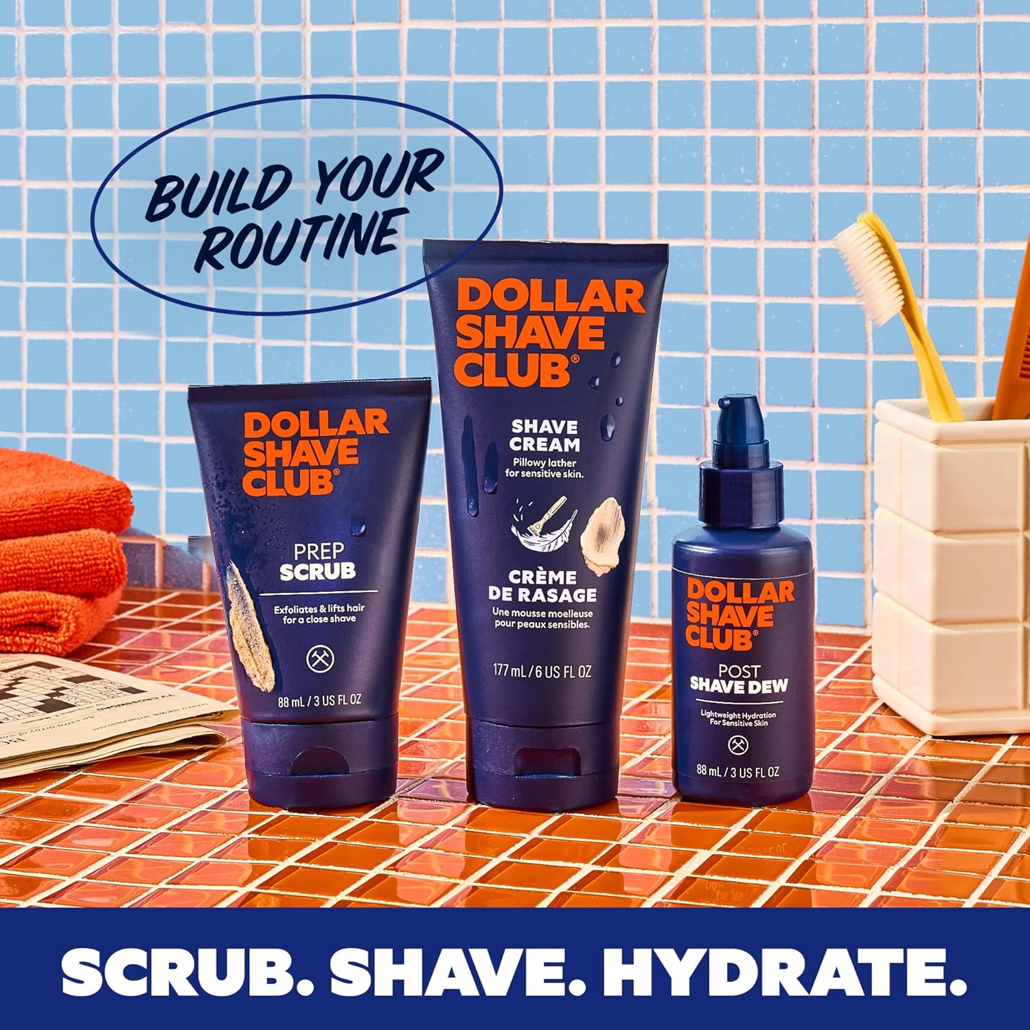 Demonstrates the step-by-step process of using Dollar Shave Club products for a complete shaving routine. Shows the complete set of Dollar Shave Club products included for a full shaving routine.