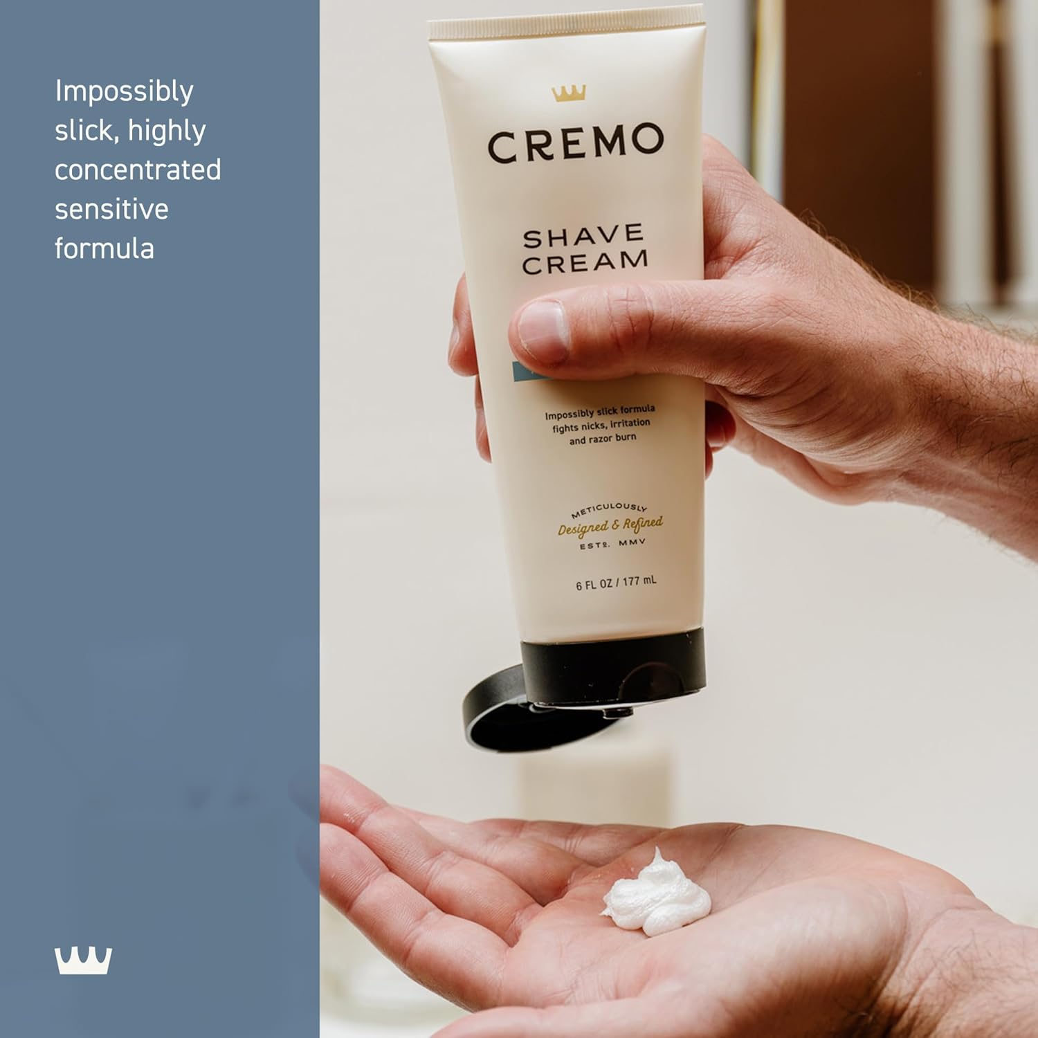 Highlights the product's highly concentrated and effective formula for sensitive skin, emphasizing its superior performance compared to regular shaving creams.