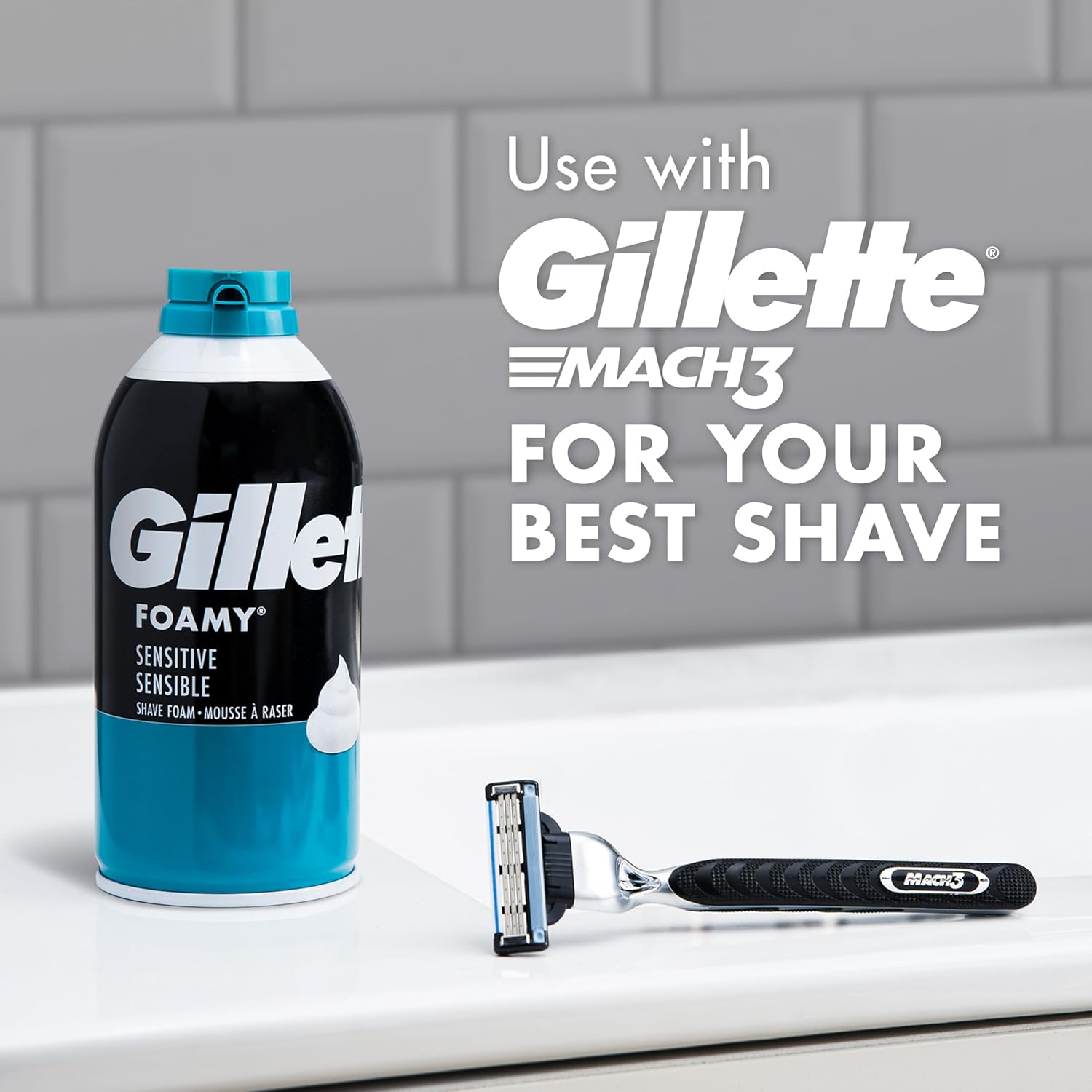 Informs customers that Gillette Foamy shaving cream is compatible with Gillette Mach3 razors for optimal shaving results.