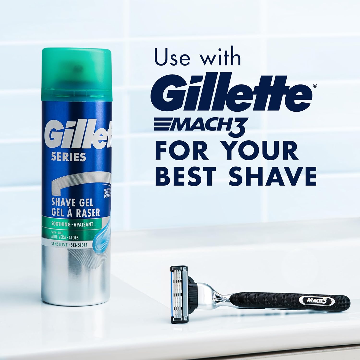 Informs customers that the Gillette Series shave gel is compatible with the Gillette Mach3 razor for optimal shaving results.