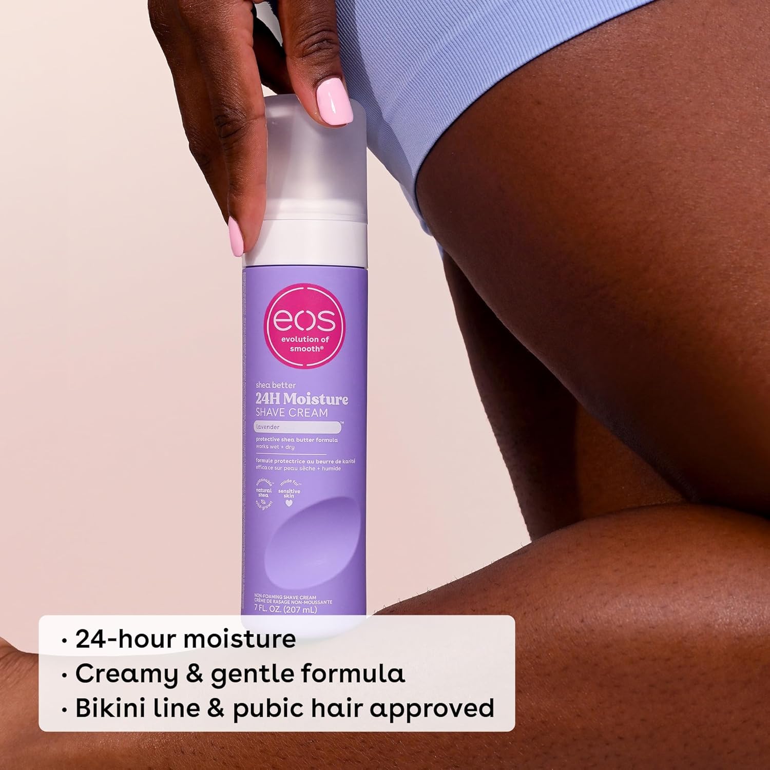 Highlights multiple benefits of the shave cream, emphasizing its long-lasting moisture, gentle formulation, and suitability for sensitive areas.