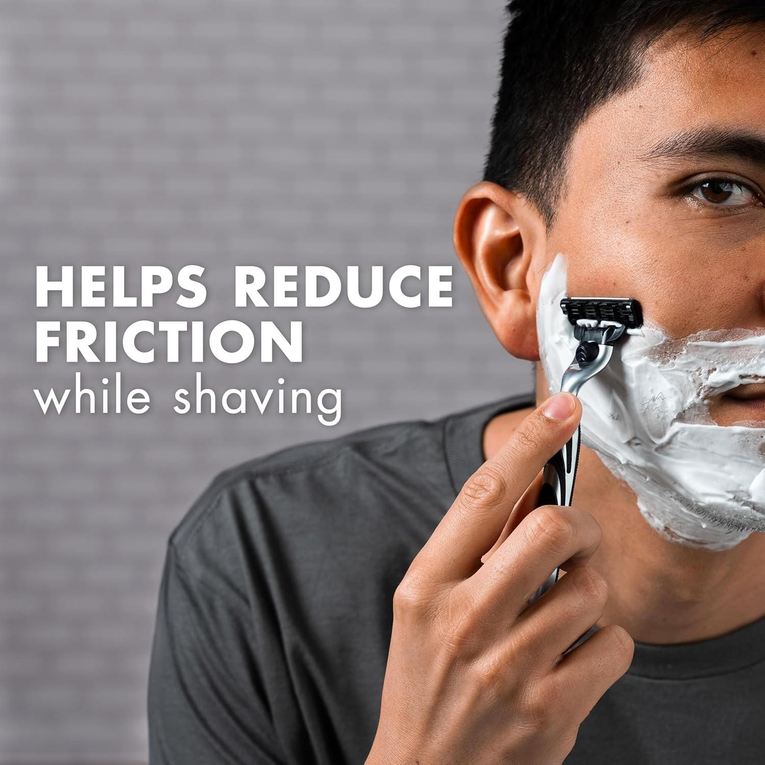 Highlights the product's ability to reduce friction during shaving, promoting a smoother and more comfortable shaving experience.