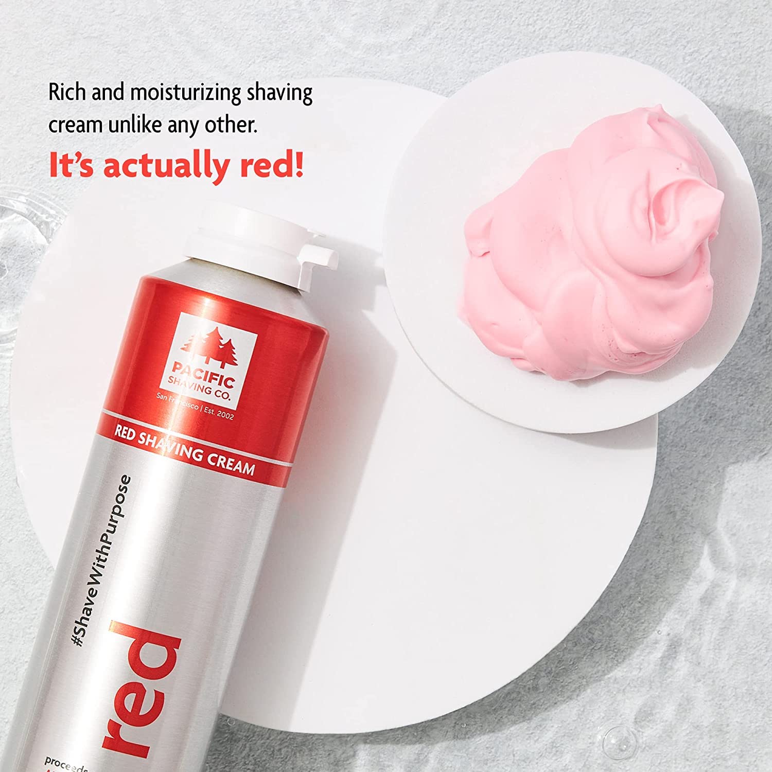 Highlights the unique red color of the shaving cream to differentiate it from other products and pique customer interest.
